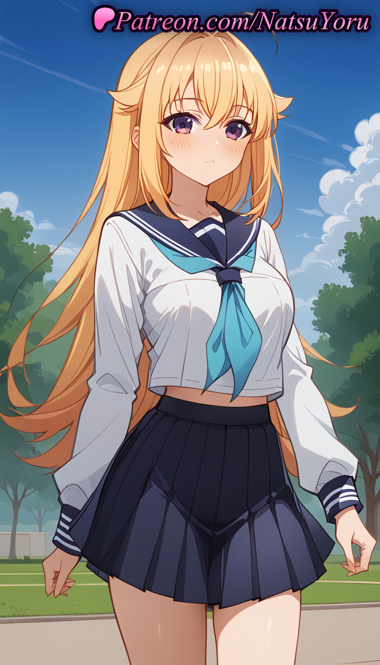 1girls ahoge ai_generated anime anime_style aqua_neckerchief bangs black_skirt blonde_hair blue_neckerchief blue_sailor_collar blue_skirt blue_sky blush braid breasts bust busty closed_mouth cloud cowboy_shot crop_top crop_top_overhang day female female_focus female_only hair_between_eyes hair_flaps hentai high-waist_skirt koshi_torako large_breasts long_hair long_sleeves looking_at_viewer medium_breasts midriff miniskirt my_deer_friend_nokotan natsuyoru neckerchief outdoors pleated_skirt purple_eyes sailor_collar sailor_uniform school_uniform serafuku shirt skirt sky solo solo_female standing thighs tree very_long_hair voluptuous voluptuous_female white_shirt