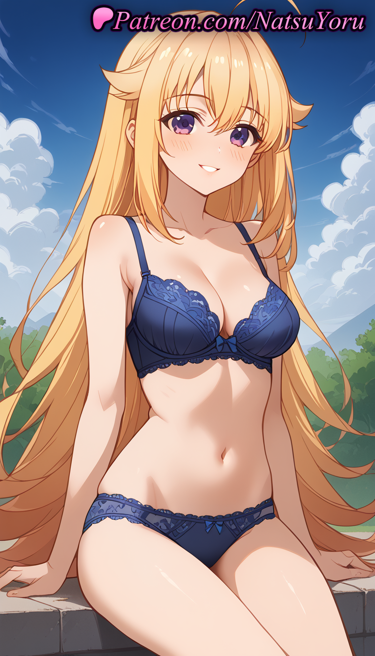 1girls ahoge ai_generated anime anime_style asian bangs bare_arms bare_shoulders blonde_hair blue_bra blue_panties blue_sky blush bow bow_bra bow_panties bra breasts bust busty cleavage cloud collarbone day female female_focus female_only female_solo grin hair_between_eyes hair_flaps hentai koshi_torako lace-trimmed_bra lingerie long_hair looking_at_viewer medium_breasts my_deer_friend_nokotan natsuyoru navel outdoors panties pantsu parted_lips purple_eyes sitting sky smile solo solo_female stomach thighs underwear underwear_only very_long_hair voluptuous voluptuous_female