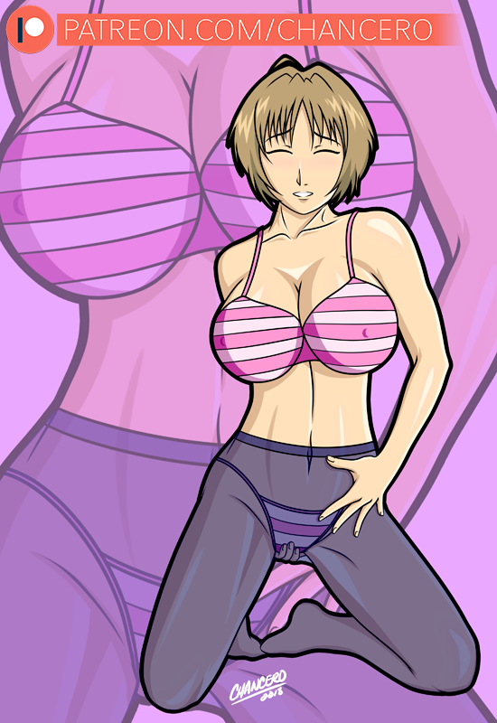 big_breasts brown_hair chancero closed_eyes fullmetal_alchemist gracia_hughes pantyhose patreon patreon_reward striped_bra striped_panties