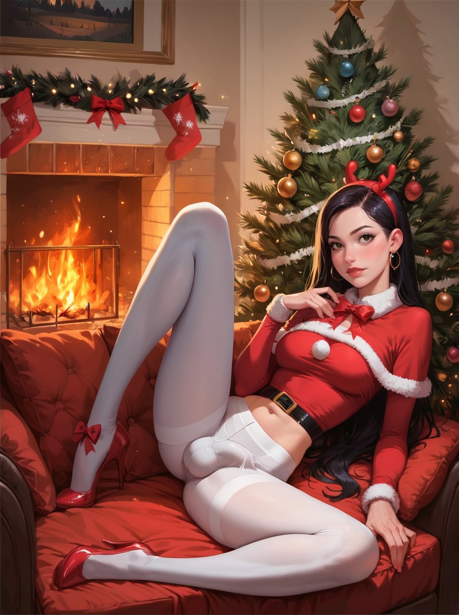 1futa ai_generated balls breasts bulge christmas christmas_clothing christmas_tree cum dickgirl fully_clothed futa_only futanari leggings makychan penis penis_bulge penis_under_clothes