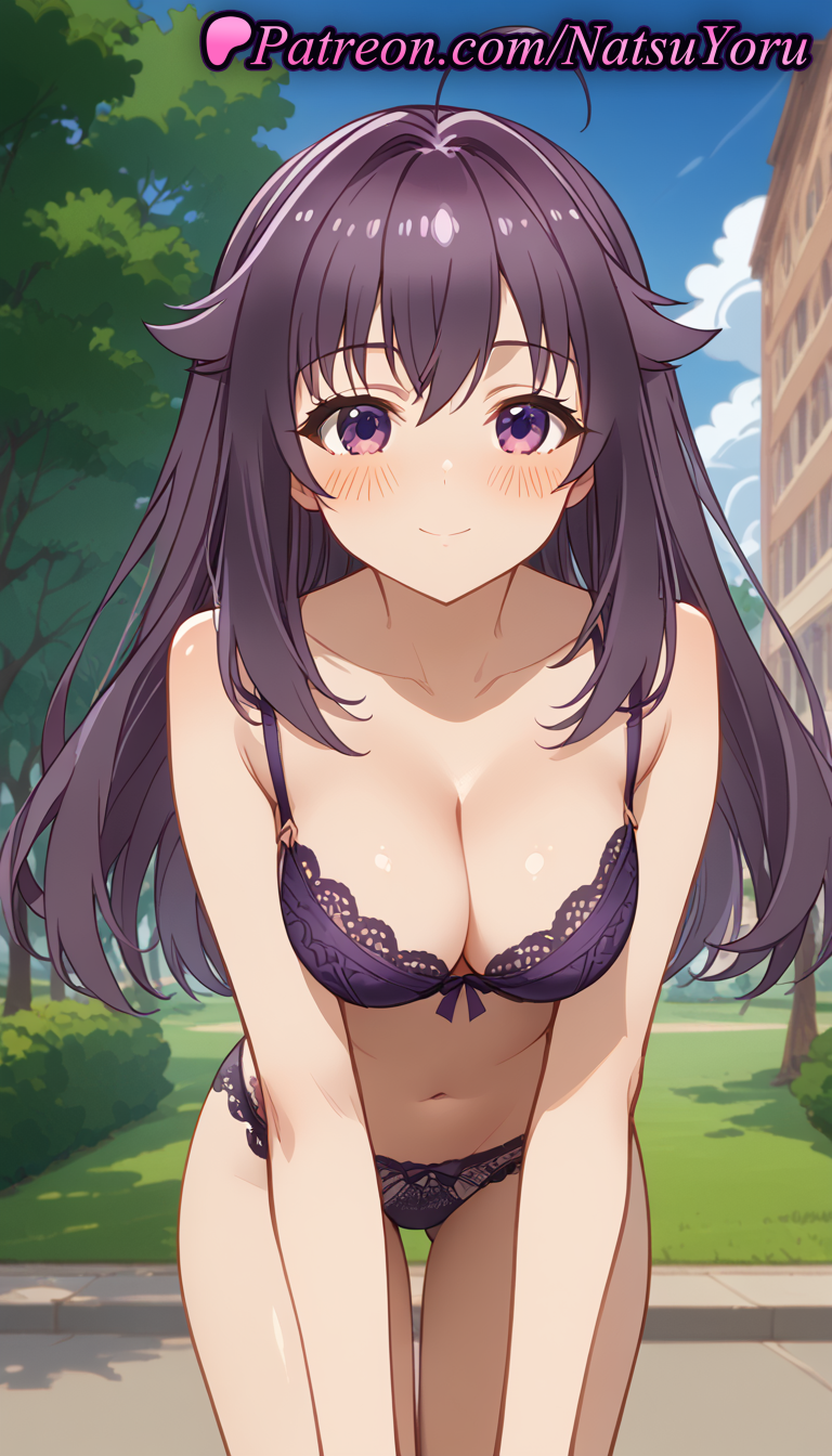 1girls ahoge ai_generated anime anime_style asian ass_visible_through_thighs bangs bare_arms bare_shoulders blue_sky blush bow bow_bra bow_panties bra breasts building bust busty cleavage closed_mouth cloud collarbone cowboy_shot day female female_focus female_only hair_flaps hentai koshi_anko lace-trimmed_bra lace-trimmed_panties lace_trim large_breasts leaning_forward lingerie long_hair looking_at_viewer medium_breasts my_deer_friend_nokotan natsuyoru navel outdoors panties pantsu purple_bra purple_eyes purple_hair purple_panties road sky smile solo solo_female stomach thigh_gap thighs tree underwear underwear_only voluptuous voluptuous_female