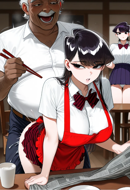 , 1boy, 1boy2girls, 2girls, anthro, apron, bangs, bastard, behind, bent black blouse, bow, bowtie, breast breasts, brunette, bulge, chair, cheating, chopsticks, collared cuckquean, cum, cup, doggy dom down eyes, fat female female, forced forward, from girls, hair, holding implied komi komi-san_wa_komyushou_desu large leaning light_skinned long male, man, miniskirt, mouth, multiple netorare, newspaper, old old, older open over over, panties, plate, pleated press, sex sex, shirt, short shouko, shuuko, skirt, sleeves, straight, style, sub, table, to ugly underwear, upskirt, v-neck, watch, white younger