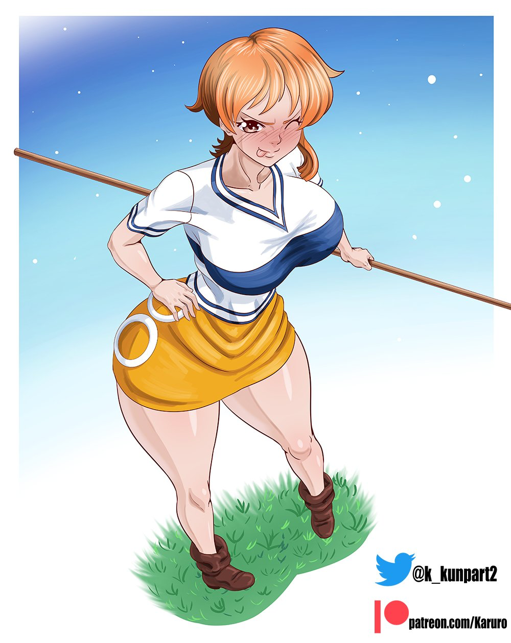 1girls alternate_version_at_patreon big_breasts breasts clothed clothed_female female female_only full_body karuro-kun looking_at_viewer nami nami_(one_piece) shoes solo solo_female