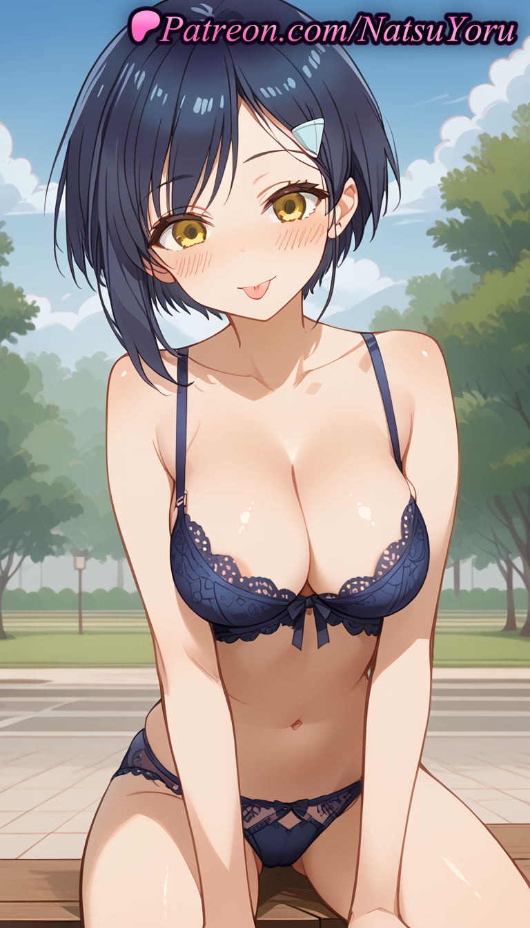 1girls :p ai_generated anime anime_style areola_slip ass_visible_through_thighs bangs bare_arms bare_shoulders bench black_hair blue_bra blue_hair blue_panties blue_sky blush bow_bra bow_panties bra breasts bust busty cleavage cloud collarbone dark_blue_hair day earrings female female_focus female_only hair_clips hair_ornament hairclip hentai lace-trimmed_bra lace-trimmed_panties lace_trim large_breasts lingerie lips looking_at_viewer medium_breasts my_deer_friend_nokotan natsuyoru navel outdoors panties pantsu park park_bench short_hair sitting sky smile solo solo_female stomach tongue tongue_out tree tsubameya_chiharu underwear underwear_only voluptuous voluptuous_female yellow_eyes