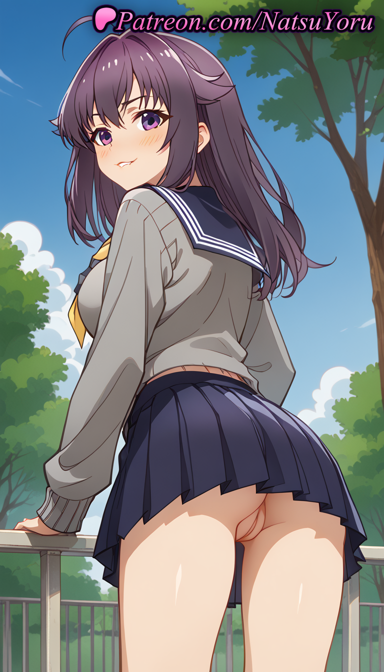 1girls ahoge ai_generated anime anime_style ass bangs black_sailor_collar blue_skirt blue_sky blush breasts bust busty cleft_of_venus cloud day female female_focus female_only from_behind grey_sweater hair_flaps hentai innie_pussy juicy_butt koshi_anko labia labia_majora legs long_hair long_sleeves looking_at_viewer looking_back medium_breasts miniskirt my_deer_friend_nokotan natsuyoru neckerchief no_panties oshiri outdoors paipan panties parted_lips pleated_skirt purple_eyes purple_hair pussy railing sailor_collar sailor_uniform school_uniform serafuku skirt sky smile solo solo_female standing sweater thighs tree uncensored underwear upskirt vagina voluptuous voluptuous_female yellow_neckerchief