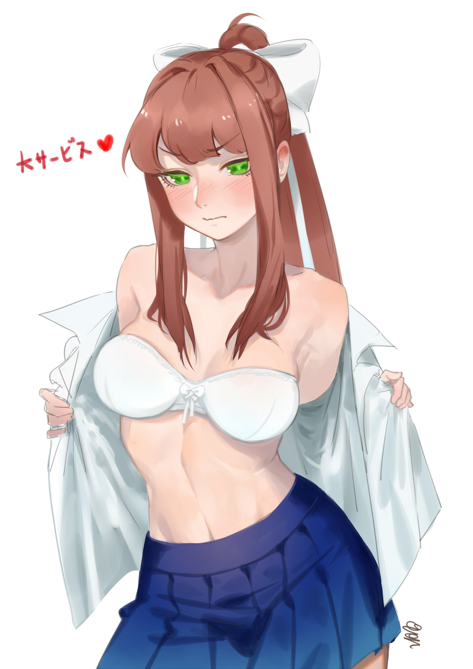 1female 1girls annoyed bare_shoulders blue_skirt blush bow bow_bra bra breasts cleavage clothes_pull collarbone doki_doki_literature_club female female_focus female_only green_eyes hair_bow hairbow large_breasts light_blush long_hair monika_(doki_doki_literature_club) navel open_clothes ora_ozen ponytail pulled_by_self skirt white_bow