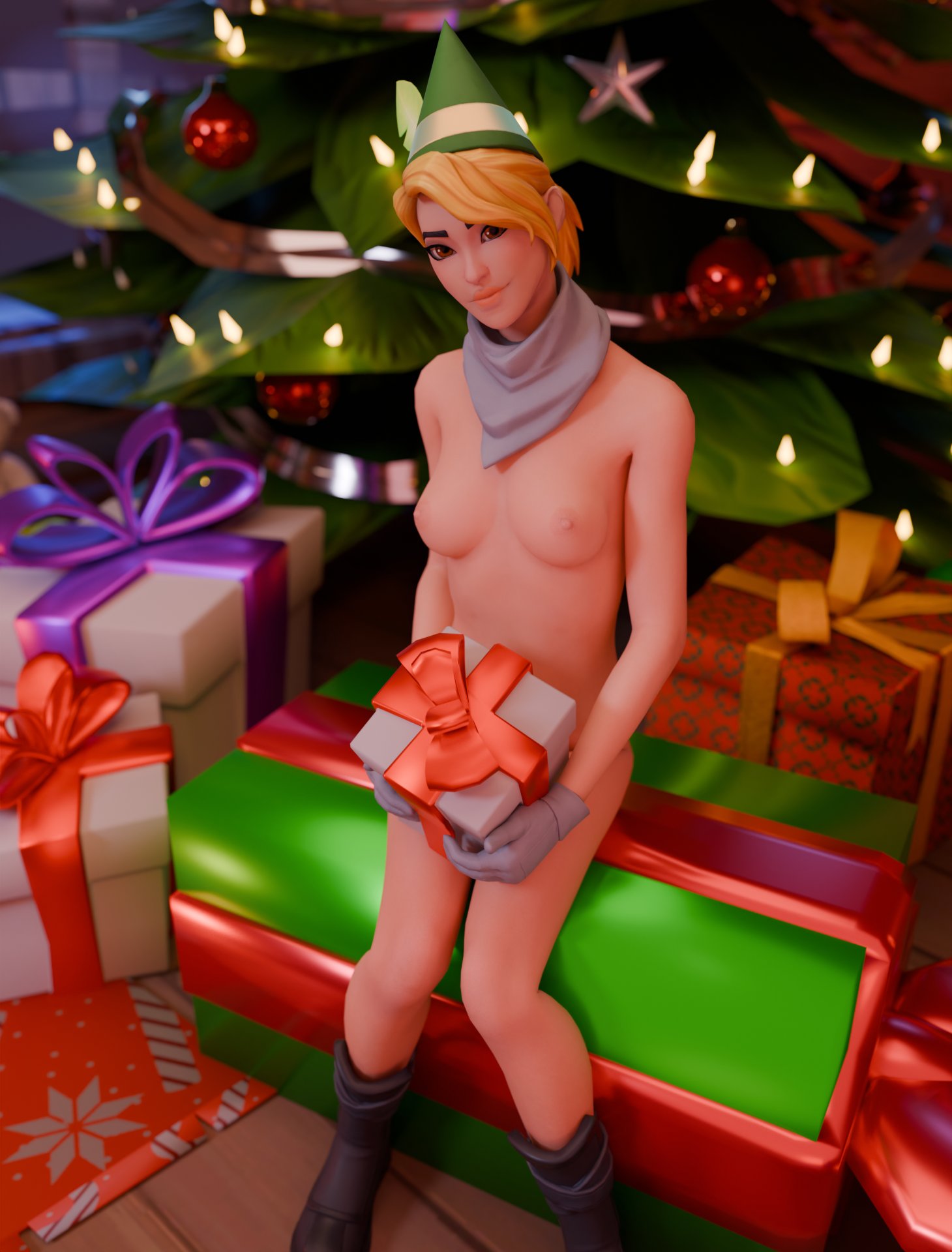 blonde_female breasts christmas_outfit elf female fortnite fortnite:_battle_royale snowbell_(fortnite) solo