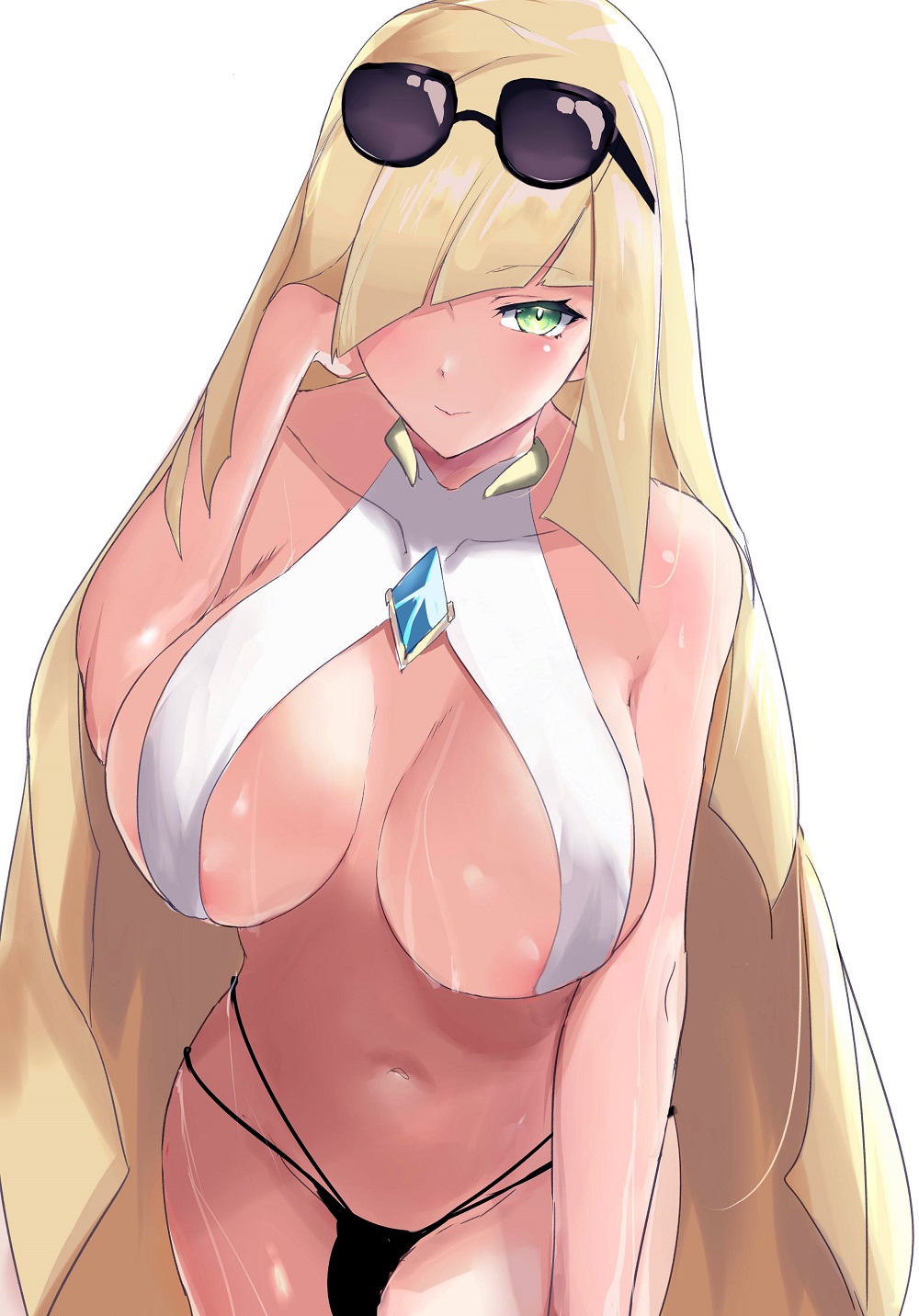 1futa aether_foundation alternate_breast_size blonde_hair cleavage clothed eye_contact futa_only futanari hair_over_one_eye half-closed_eyes huge_breasts human intersex long_hair looking_at_viewer lusamine_(pokemon) milf mother nebaneba nintendo pokemon pokemon_sm pose solo standing sunglasses sunglasses_on_head swimsuit thick_thighs wet white_background wide_hips