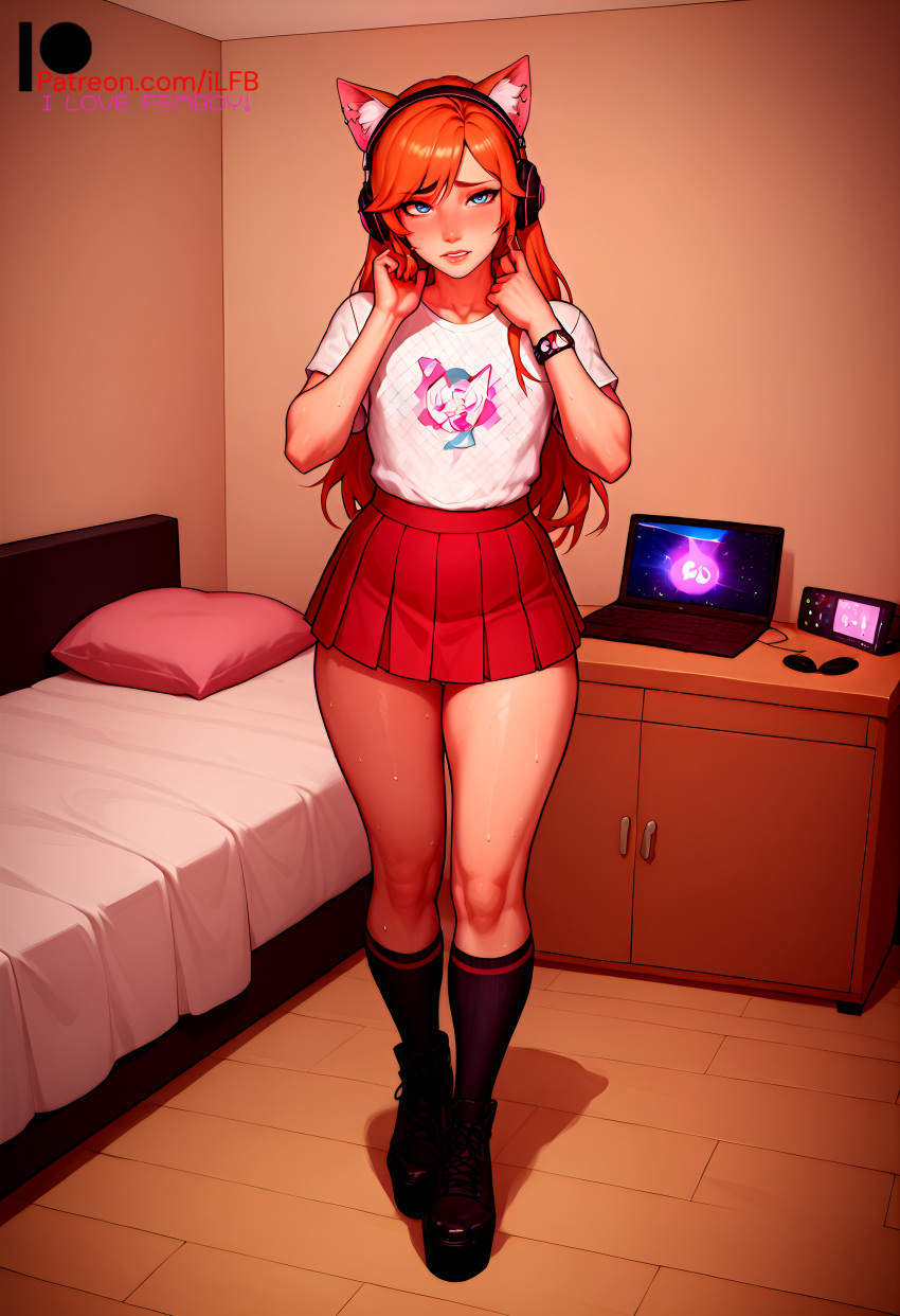 1boy, ai generated, bed, bedroom, crossdressing, embarrassed, femboy, gay, gay male, high heels, high quality, high resolution, highres, ilfb, otoko no ko, petite, request, requested, school uniform, schoolgirl, schoolgirl uniform, sfw, shy, sissy, sissyfication, skirt, skirt suit, solo, solo focus, solo futa, solo male, standing, trap, young, younger male