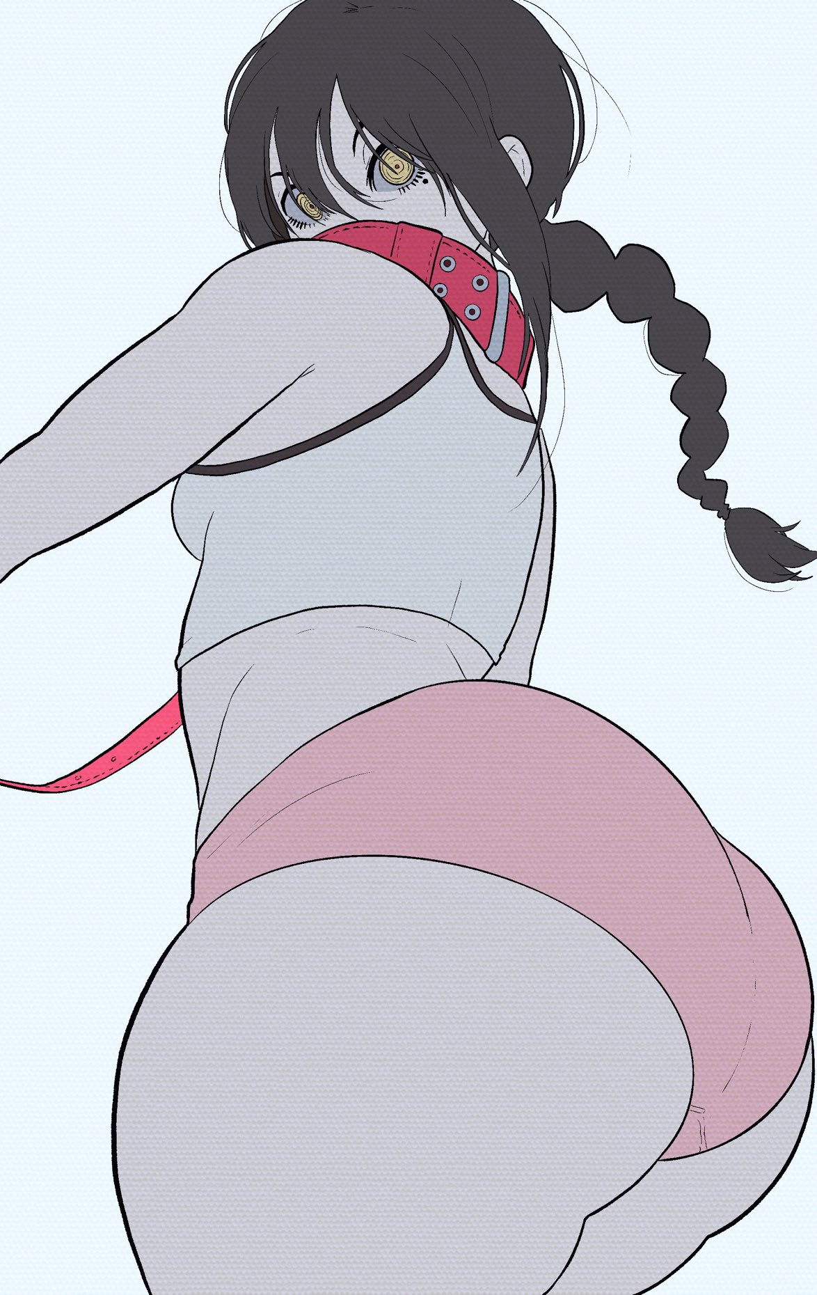 1girls black_hair bra braid braided_ponytail chainsaw_man clothed collar demon demon_girl female leash leash_and_collar long_hair looking_back mole mole_under_eye nayuta_(chainsaw_man) noblood ponytail rear_view shorts solo solo_female sports_bra sports_shorts sportswear yellow_eyes