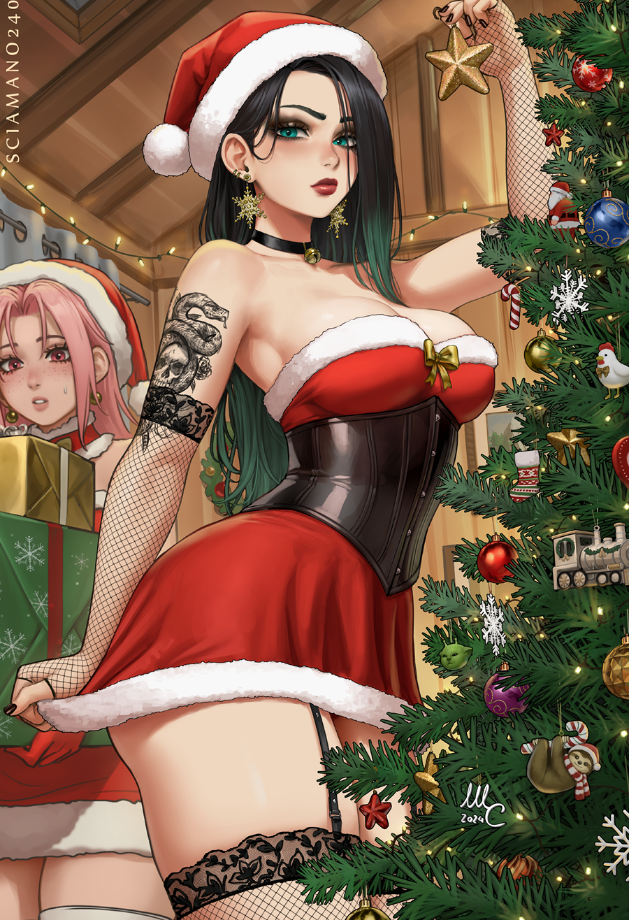 2020s 2024 2girls april_(sciamano240) arm_tattoo big_breasts black_choker black_corset black_fingernails black_hair black_nail_polish black_nails black_stockings blue_eyes breasts busty chloe_(sciamano240) choker christmas christmas_clothing christmas_decorations christmas_outfit christmas_present christmas_star christmas_tree cleavage clothed clothed_female clothing corset cute cute_face decorating dress female female_focus female_only fingernails fishnet_gloves fishnets gloves goth goth_girl large_breasts light-skinned_female light_skin long_hair nail_polish original original_character pink_eyes pink_hair presents red_clothes red_clothing red_dress red_lips red_lipstick santa_dress santa_hat sciamano240 snake_tattoo snowflake snowflake_earrings star stockings tattoo tattooed_arm tattoos