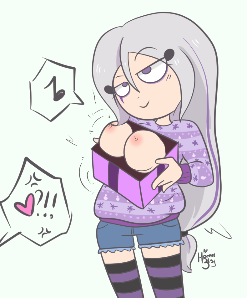 breasts flirting flirting_with_viewer fnafhs fnafhsrule34 homerbls looking_pleasured mai_(fnafhs) nipples purple_eyes white_hair