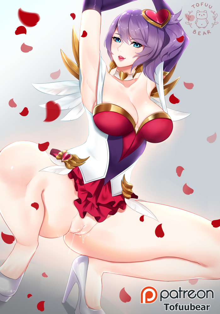 breasts cleavage female female_only heartbreakers_series heartseeker_quinn high_heels league_of_legends looking_at_viewer purple_hair pussy quinn shaved_pussy solo spread_legs tofuubear