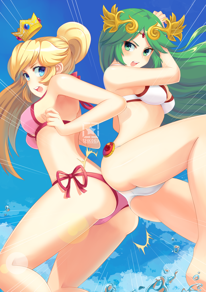 2girls ass ass_to_ass bikini blonde_hair blue_eyes breasts cleavage crown female female_only green_eyes green_hair human kid_icarus kid_icarus_uprising long_hair looking_at_another looking_back mario_(series) multiple_girls nintendo outdoors palutena peach_bomber pink_bikini ponytail princess_peach seikoru sky super_smash_bros. swimsuit thighs tiara tied_hair water white_bikini