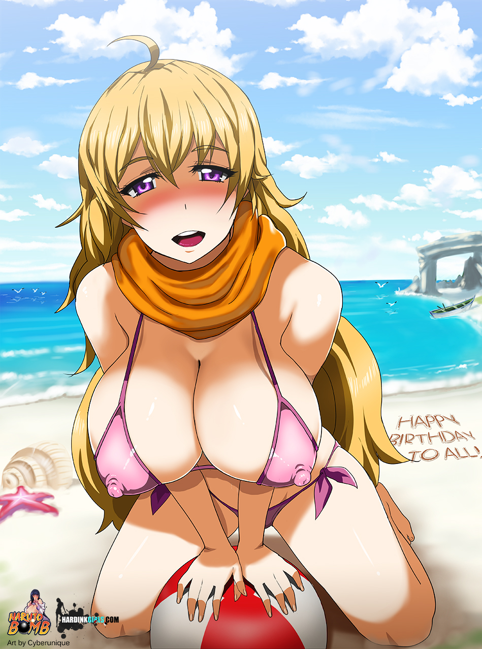 1girls, beach, beach ball, bedroom eyes, blonde, blonde hair, boat, cyberunique, female, female only, leaning forward, long hair, mouth open, naruto (series), naruto bomb, pink bra, pink eyes, rwby, sea, seagull, seashell, starfish, yang xiao long, yellow hair
