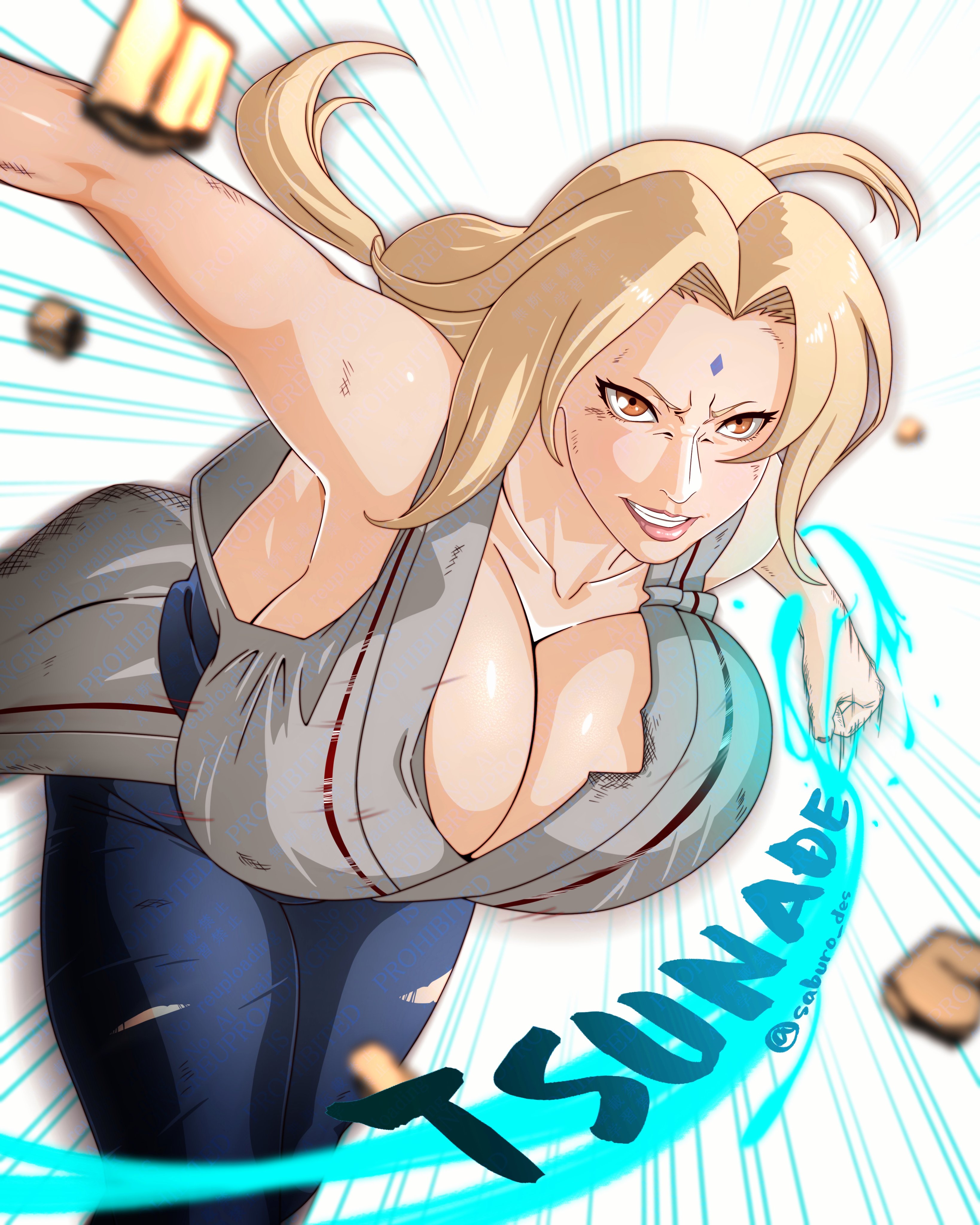 1girls, 2025, 2d, 2d (artwork), 2d artwork, action pose, artist name, blonde hair, chakra, cleavage, energy, energy manipulation, female, female only, gilf, kimono, milf, naruto, naruto (series), powers, saburo des, sfw, solo, solo female, the audacity, torn clothes, tsunade