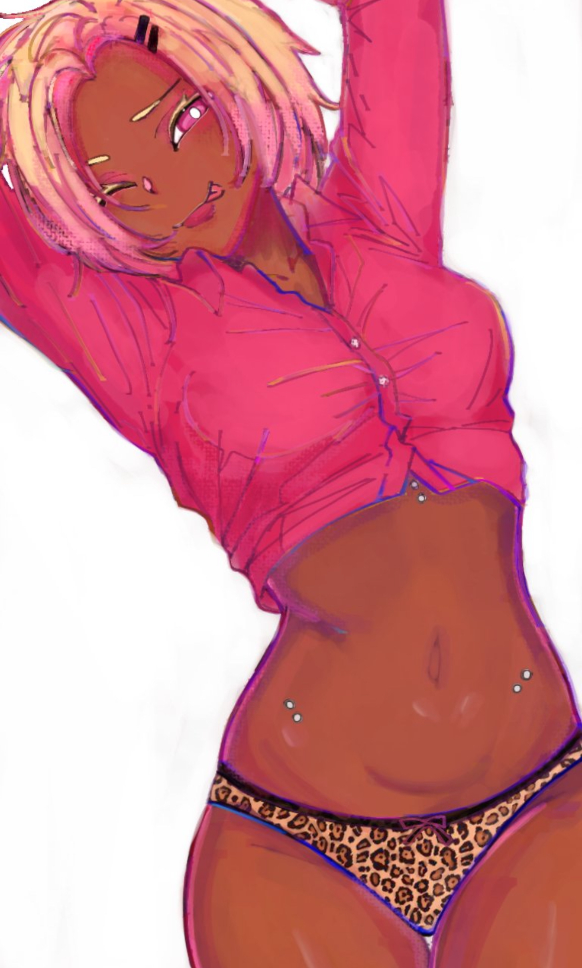 belly, blonde hair, blue lock, brown female, brown skin, curvy, curvy female, curvy figure, dark skin, dark-skinned female, female, female only, femlock, genderbend, genderswap, hands over head, hips, leopard print, leopard print panties, no pants, pink eyes, pink hair, pink shirt, rule 63, sexy female, sexy pose, shidou ryuusei, slutty waist, solo female, stomach, tan body, tan skin, thighs, tiny waist, tongue, tongue out, tummy, waist, white background, wide hips