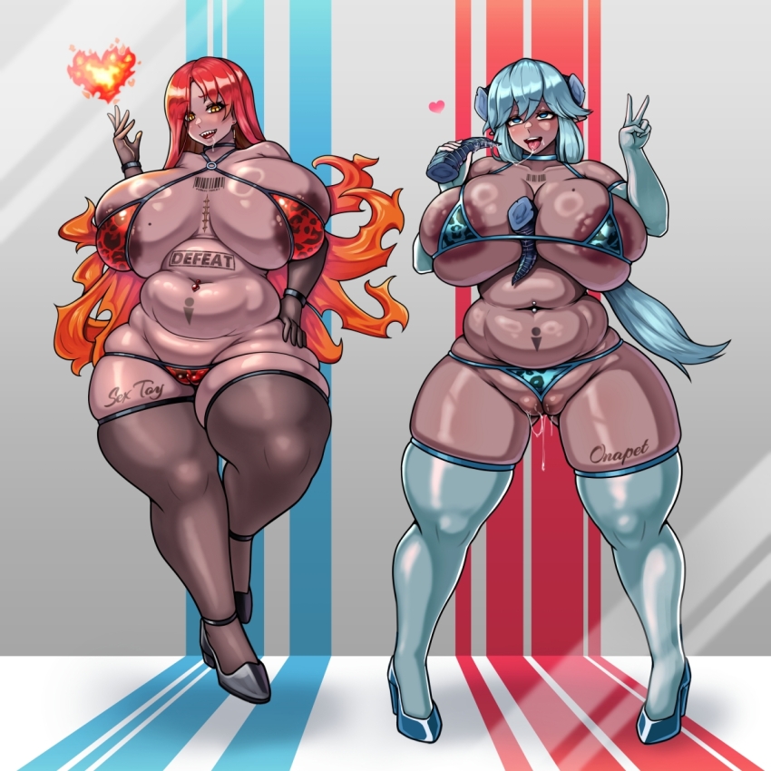 2d, 2d (artwork), 2d artwork, 2girls, areola slip, astaroth (taimanin asagi), between breasts, bikini, breasts, broken horn, chubby, chubby female, dark nipples, dark skin, dark-skinned female, fat, female, female only, heart, high heels, huge breasts, lapis (action taimanin), large areolae, long hair, micro bikini, mini bikini, multiple girls, taimanin (series), tattoo, tattoos, thick thighs, thighs, undersized clothes, wedgie, wet tea, wide hips