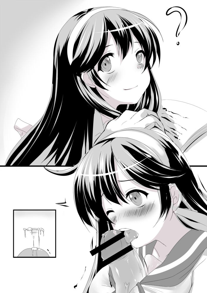 ? book breasts censored cum cum_in_mouth fellatio female greyscale hair_ribbon hoshizuki_(seigetsu) kantai_collection large_breasts licking long_hair monochrome one_eye_closed oral paizuri paizuri_under_clothes penis reading remodel_(kantai_collection) ribbon school_uniform serafuku smile solo_focus tongue ushio_(kantai_collection)