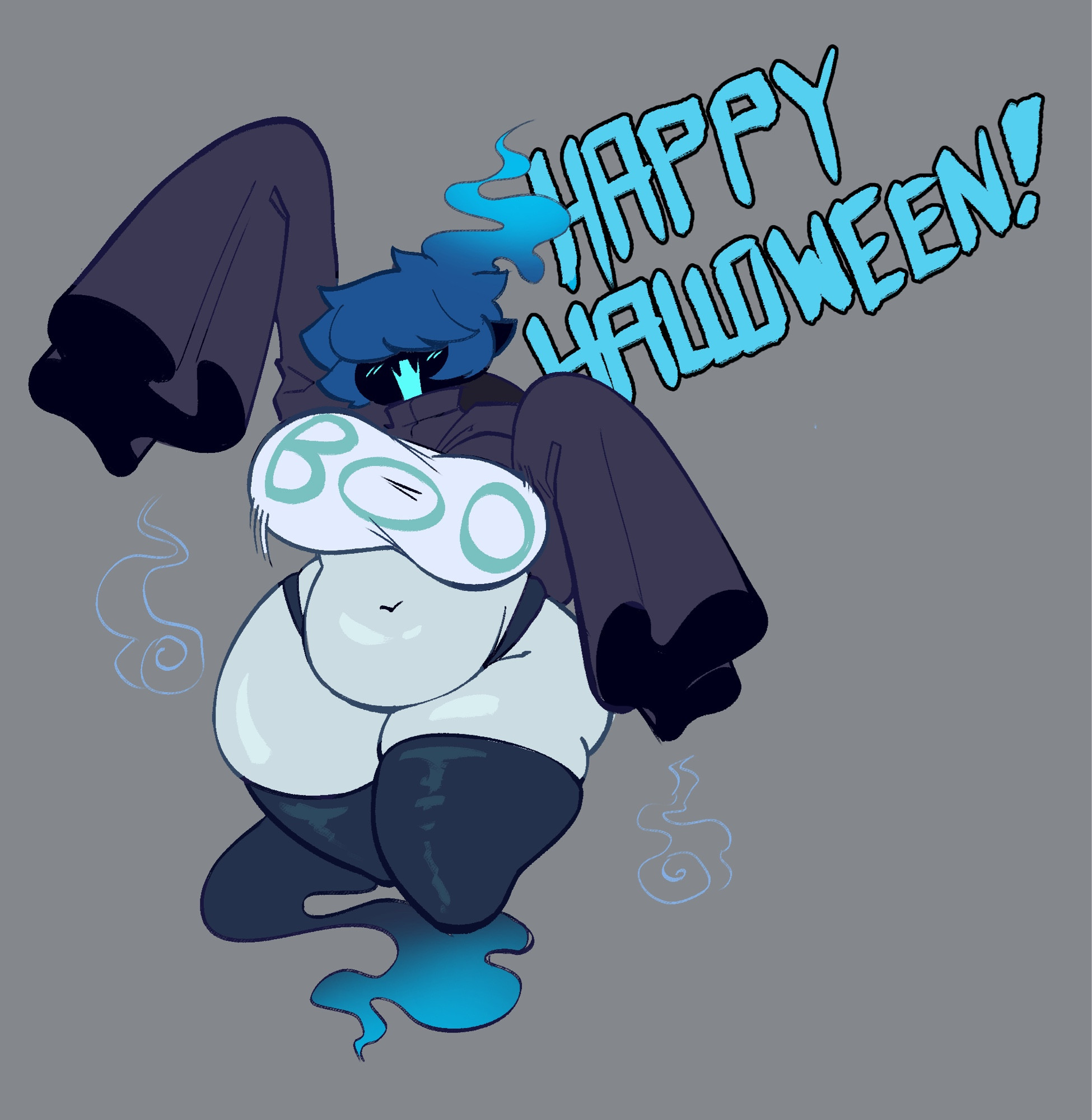 1girls, 2023, belly, big belly, big breasts, big thighs, blue hair, blush, breasts, chubby, chubby female, curvy, curvy female, emmi (sewerseraph), fangs, female, female only, ghost, ghost girl, grey background, halloween, holidays, kneehighs, long ears, long sleeves, medium hair, open mouth, sewerseraph, shiny skin, solo, solo female, t-shirt, tagme, thick thighs, thighs, wide hips