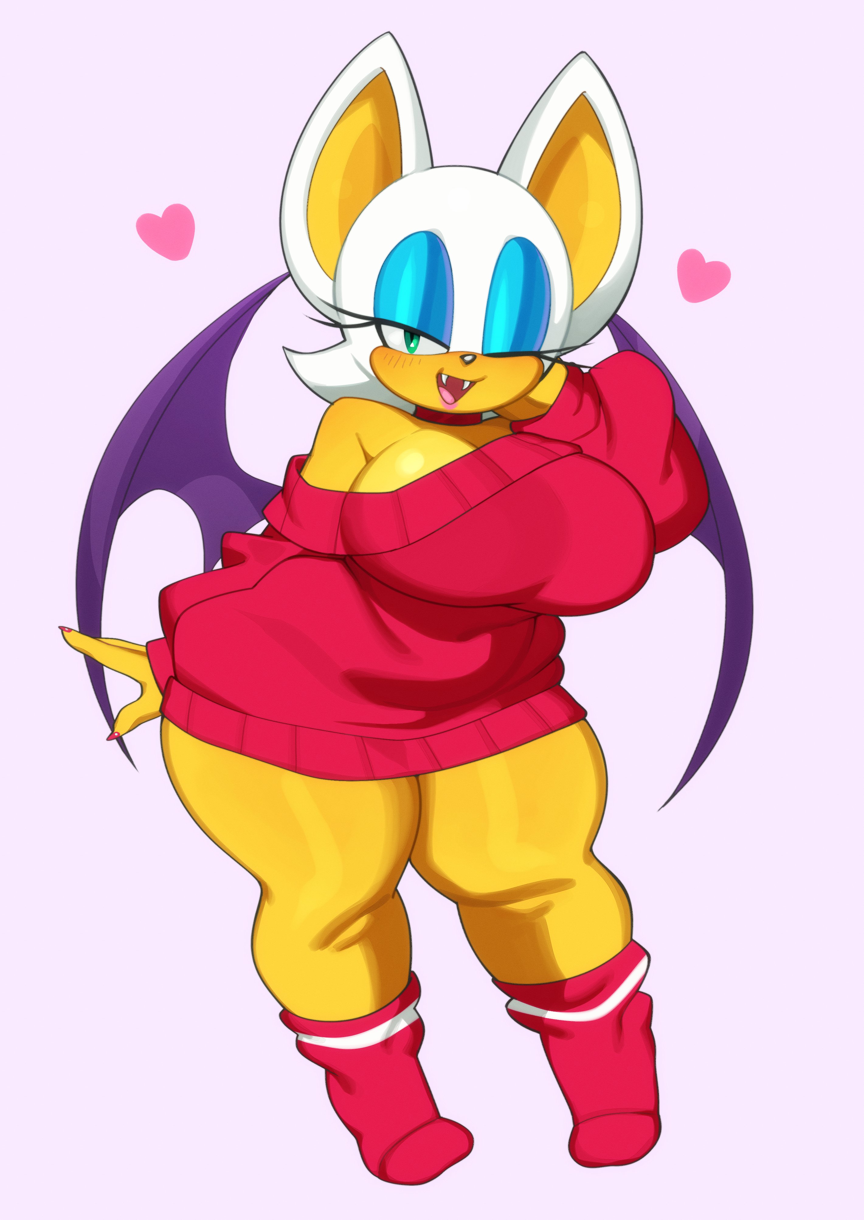 absurd res, bat, bat wings, big breasts, blue eyes, breasts, choker, clothing, fangs, female, fiinel, footwear, fur, hi res, jewelry, mammal, membrane (anatomy), membranous wings, necklace, one eye closed, open mouth, red clothing, red footwear, red socks, red sweater, red topwear, rouge the bat, sega, socks, solo, sonic (series), sonic the hedgehog (series), sweater, teeth, thick thighs, topwear, white body, white fur, wings, wink