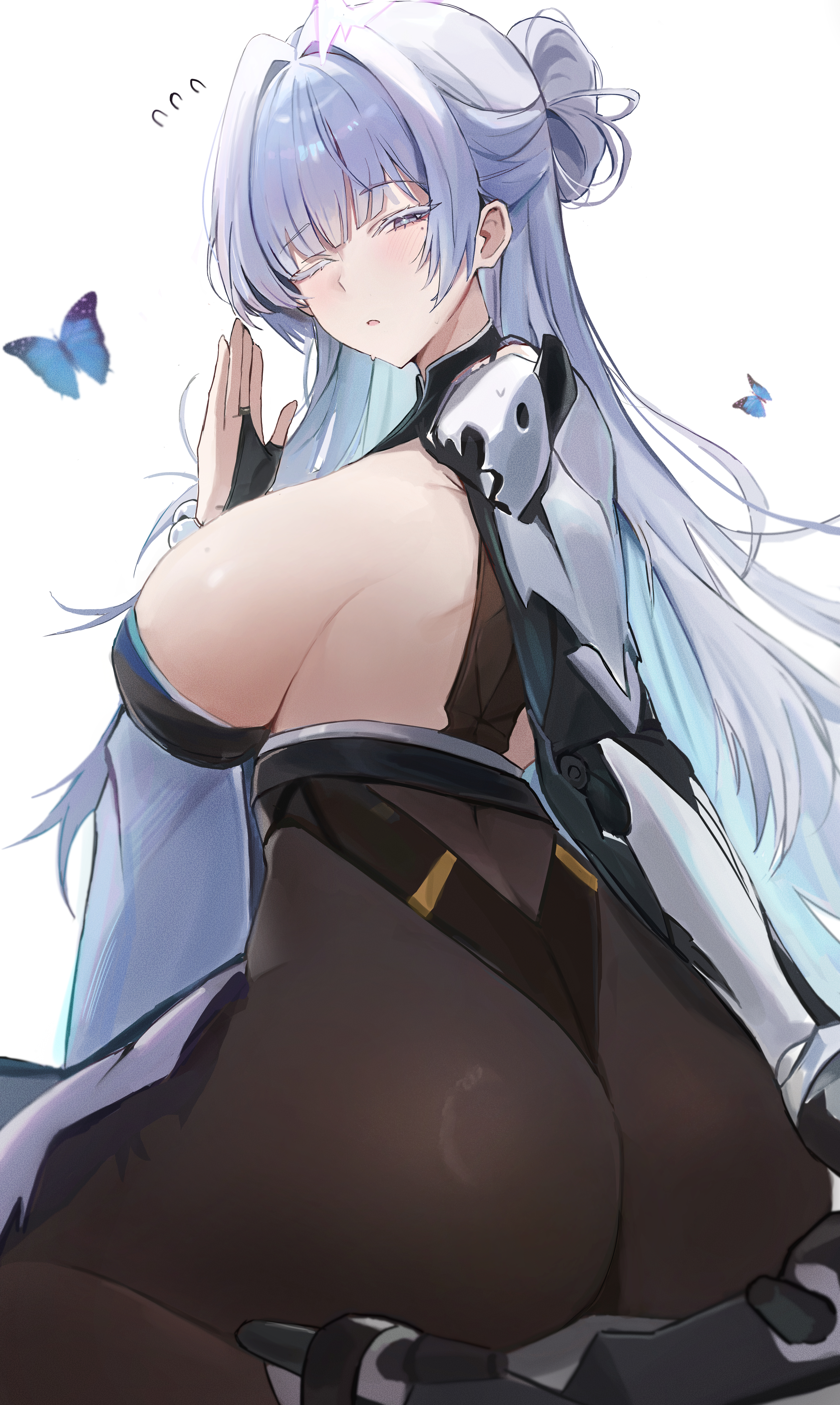 aqua eyes, ass, bare shoulders, blue hair, blush, bodysuit, breasts, bug, butterfly, female, from behind, goddess of victory: nikke, hair bun, huge ass, insects, large breasts, long hair, looking at viewer, nayuta (nikke), one eye closed, pantyhose, parted lips, rimmon, sideboob, sitting, solo, thick thighs, thighs, very long hair, warizan