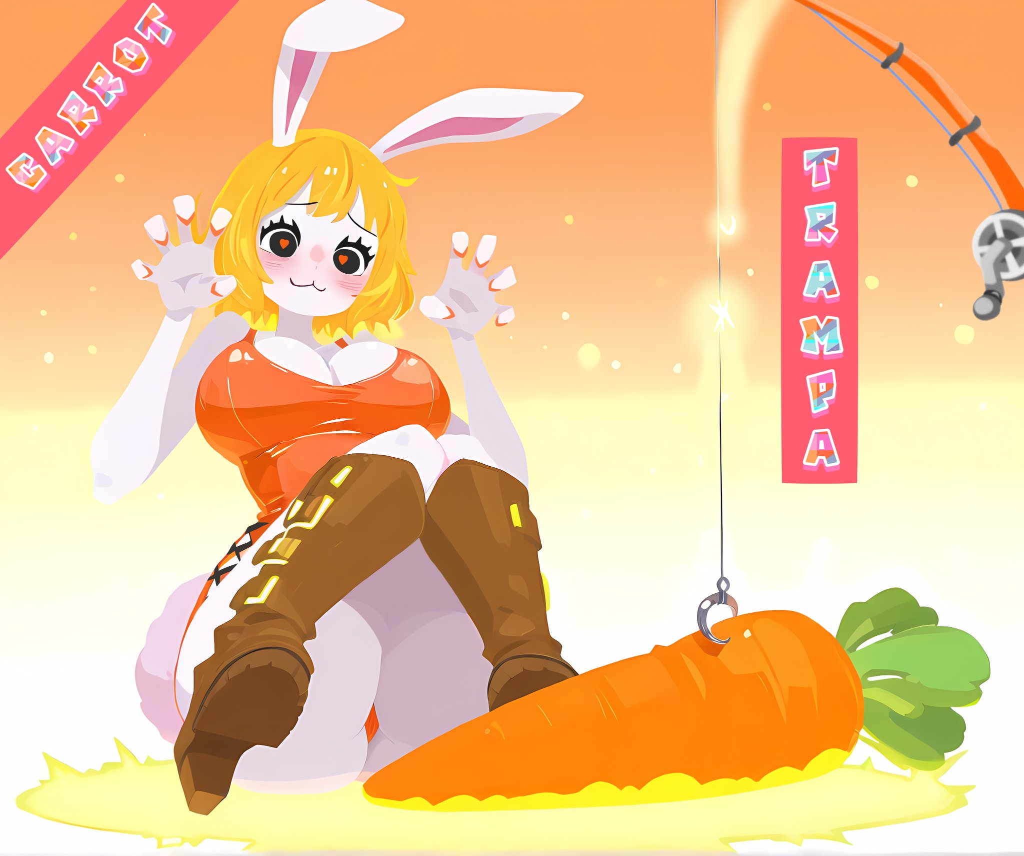 ass, big butt, blonde hair, boots, carrot, carrot (one piece), dai suki anime, dress, female, female only, fishing rod, heart-shaped pupils, one piece, sitting, vegetable