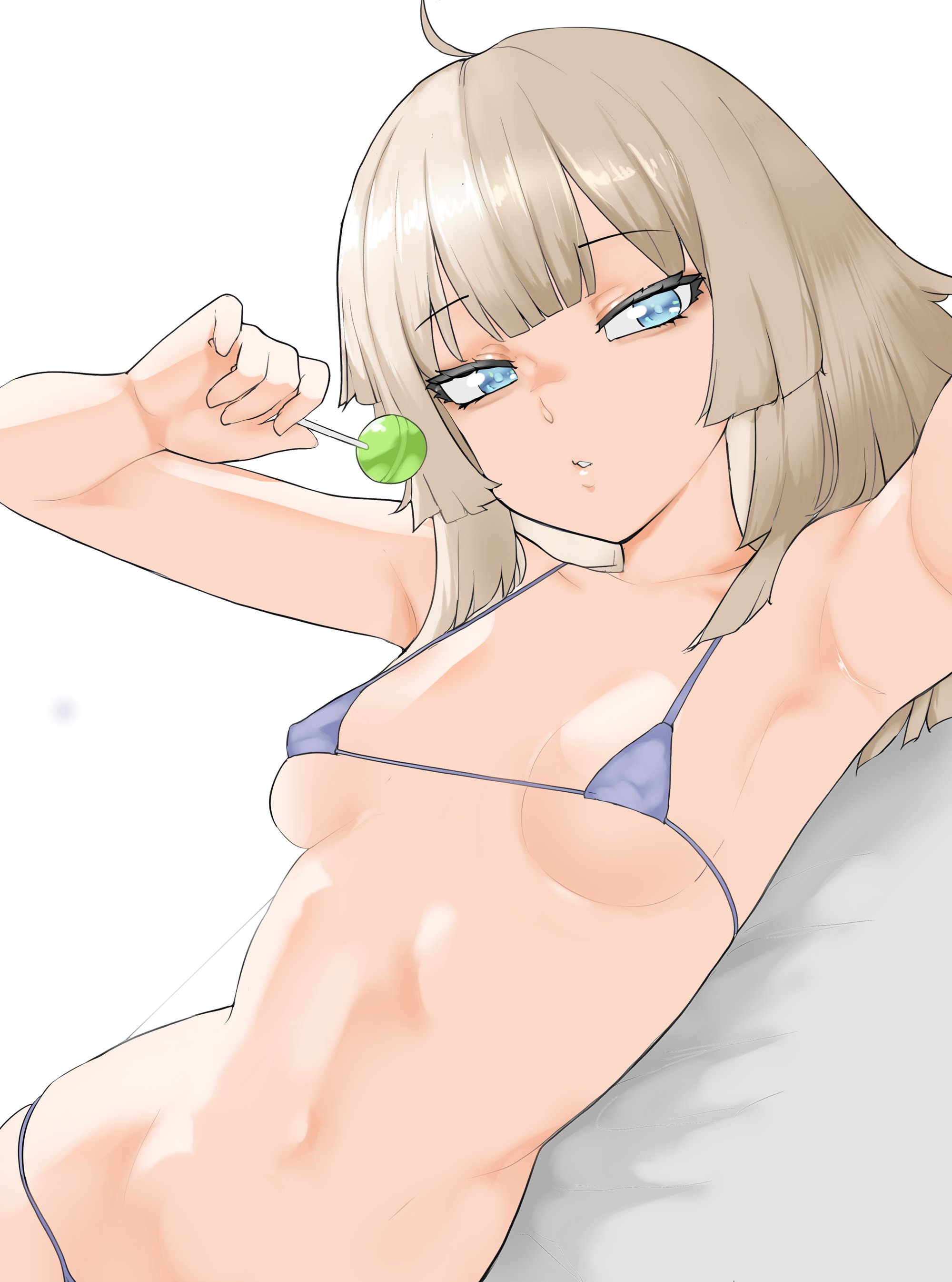 1girls, aa-12 (girls' frontline), armpits, bed, bikini, bikini bottom, bikini top, blonde hair, blue eyes, breasts, covered nipples, feet out of frame, female, female only, girls' frontline, girls' frontline 2: exilium, godon146, holding object, laying down, laying on back, laying on bed, lind (girls' frontline 2), lollipop, long hair, looking at viewer, lying down, lying on back, lying on bed, navel, selfie, small breasts, upper body