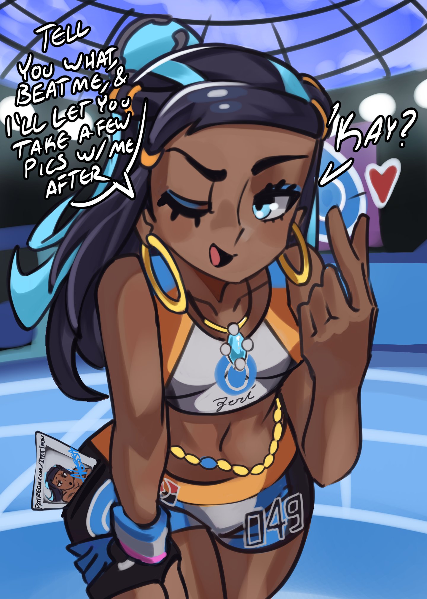 arena, artist name, autograph, battle arena, belly chain, bet, bike shorts, black hair, blue eyes, blue eyeshadow, blue hair, breasts, come hither, crop top, dark skin, dark-skinned female, english text, eyeshadow, female, flirting, flirting with viewer, forehead, game freak, glove, hair bun, heart, hoop earrings, long hair, looking at viewer, makeup, medium breasts, midriff, moxydrawsmore, multicolored hair, navel, necklace, nessa (pokemon), nintendo, one eye closed, open mouth, patreon username, pokemon, pokemon ss, pokemon swsh, single hair bun, slim female, slim girl, slim waist, smile, solo, speech, text, thick eyebrows, thick thighs, thighs, thin waist, two-tone hair, waist chain, wide hips, wink, winking at viewer