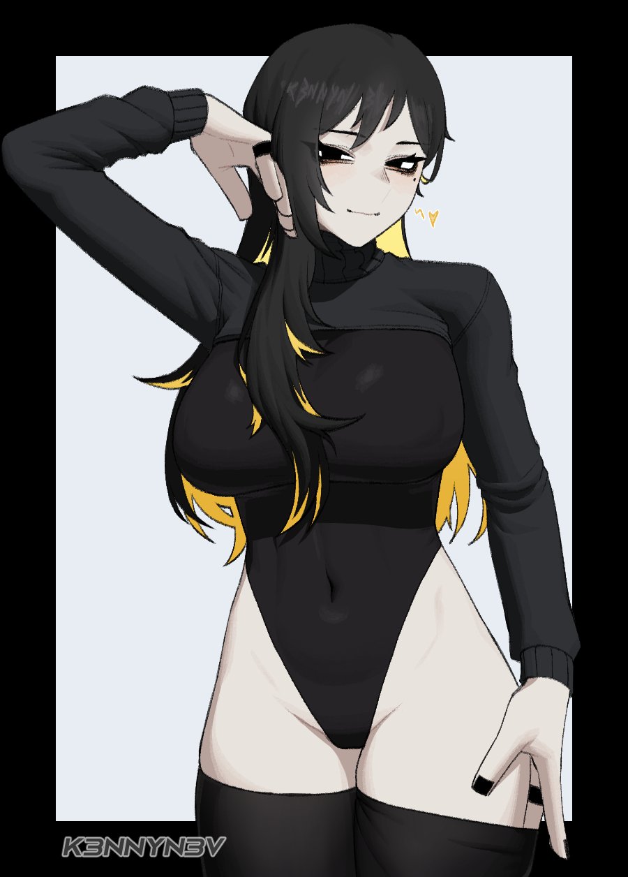 1girls, alternate breast size, alternate hairstyle, big breasts, binah, child bearing hips, colored inner hair, heart symbol, hips, k3nnyn3v, leotard, library of ruina, lobotomy corporation, midriff, navel, project moon, solo, sweater lift, thighhighs