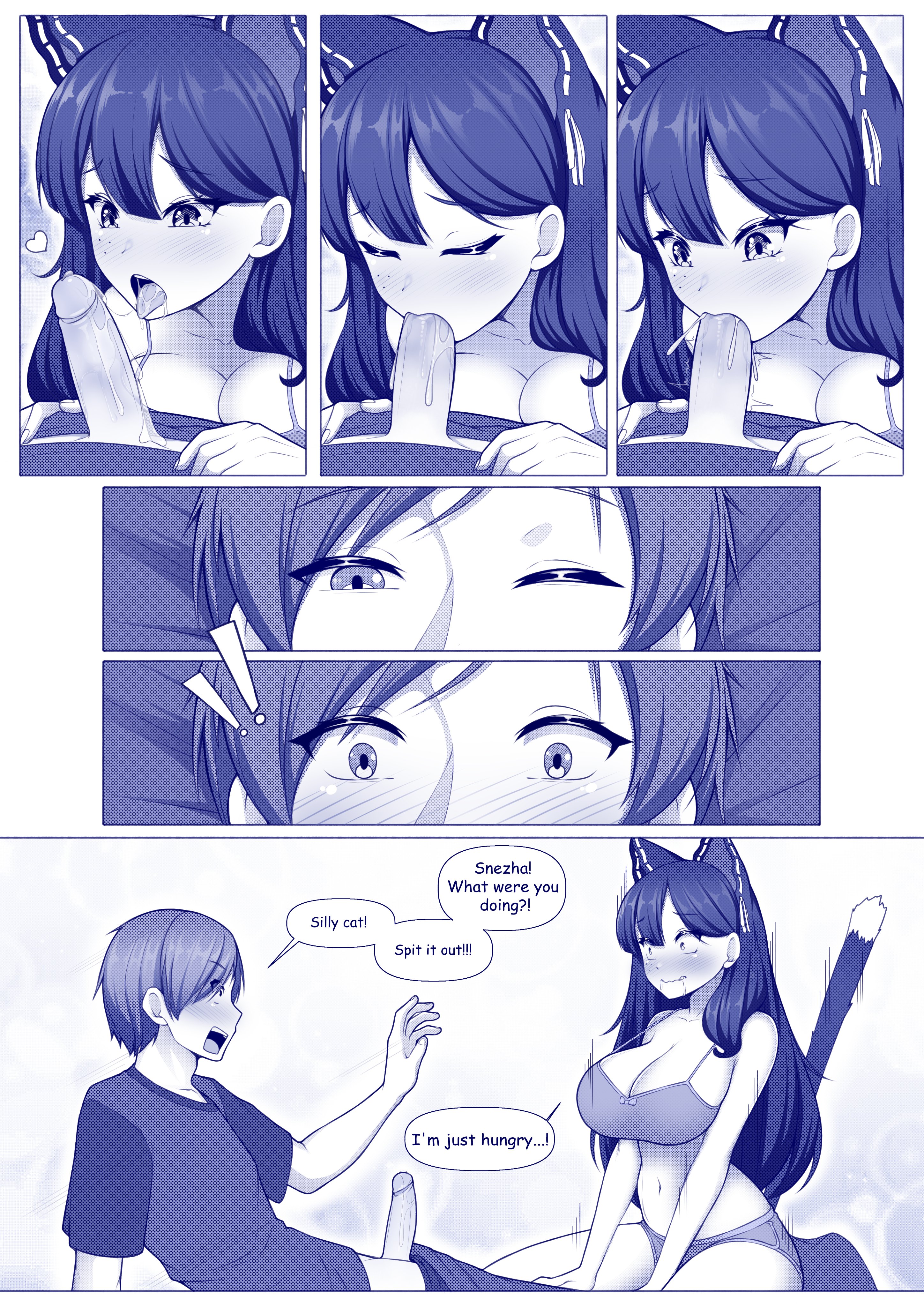 !!, 1boy, 1boy1girl, 1girls, big breasts, blowjob, blue hair, blush, bra, breasts, breasts press, cat ears, cat tail, catgirl, covered breasts, cum, cum in mouth, cum on face, cum while asleep, drooling, drooling on penis, eating cum, embarrassed, english text, heart symbol, hervi, hi res, large breasts, long hair, manga, manga page, manga style, mole under eye, monochrome, oral, oral sex, panties, penis, russian vtuber, ruvtuber, snezha, surprised, surprised expression, thick thighs, thighs, virtual youtuber, vtuber, waking up