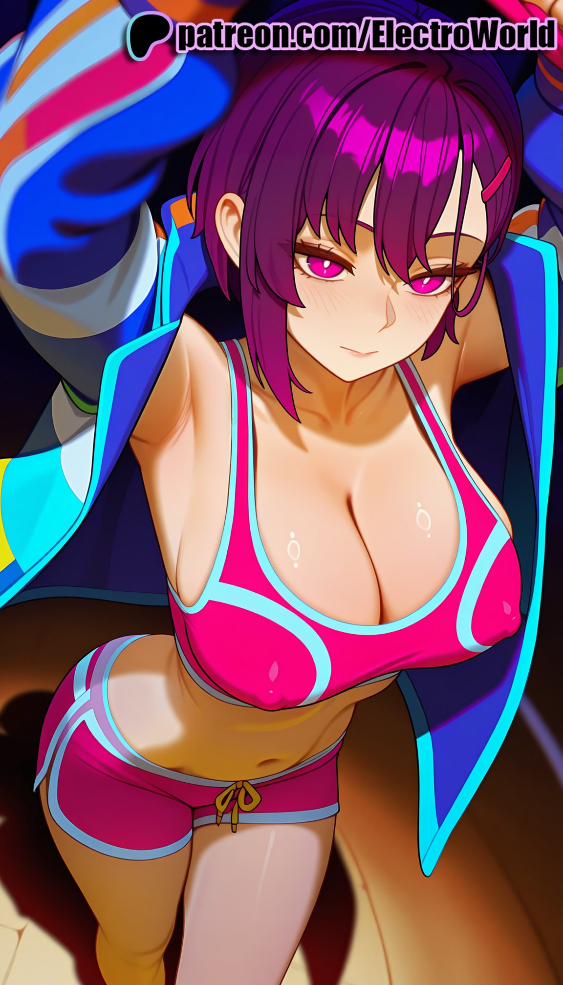 1girls, 2025, ai generated, armpits, artist name, big breasts, big chest, breasts, bust, busty, chest, cleavage, covered nipples, electroworld, female, hairclip, hi res, high quality, high resolution, highres, jacket, large breasts, mikazuki shizuka, off shoulder, patreon, patreon username, purple eyes, purple hair, purple-haired female, short hair, solo, stable diffusion, watermark, zom 100: zombie ni naru made ni shitai 100 no koto