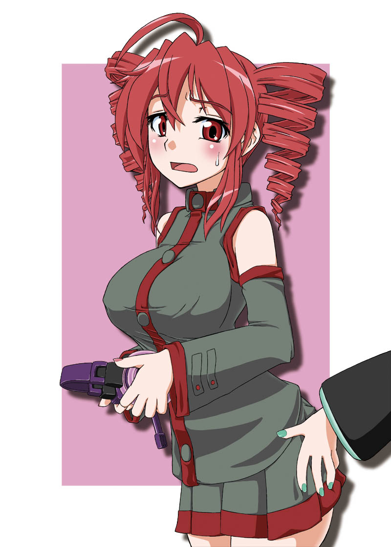 1girl, ahoge, artist request, ass grab, bare shoulders, big breasts, blush, breasts, clothed, cover art, detached sleeves, doujin cover, drill hair, ecchi, gun, hatsune miku, headphones, holding object, kasane teto, large breasts, lewd, nail polish, open mouth, pleated skirt, red eyes, red hair, skirt, surprised expression, sweatdrop, twin drills, twintails, utau, vocaloid, weapon, yuri