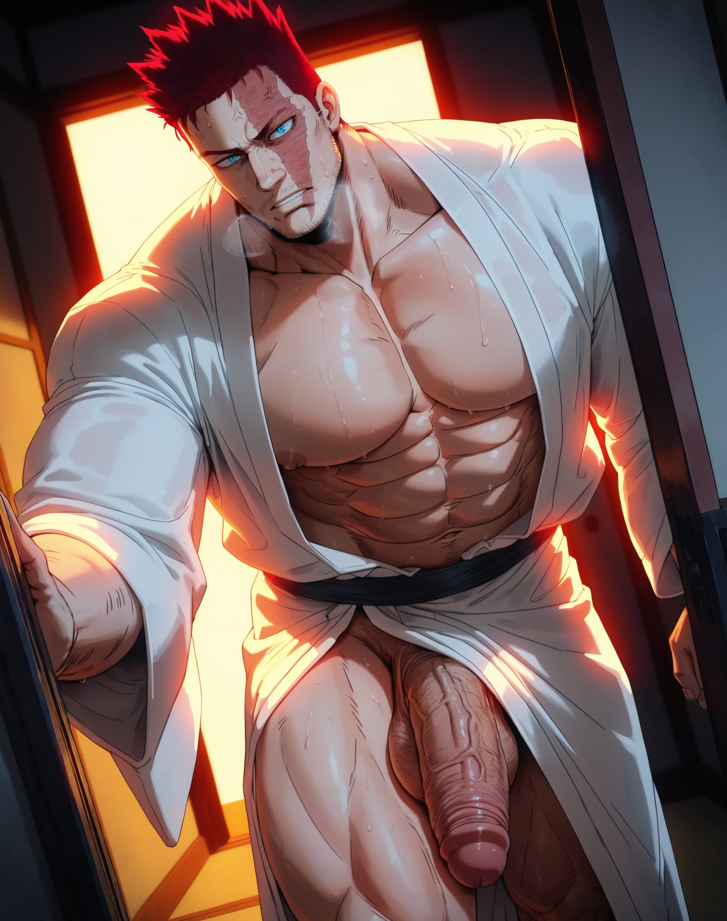 abs, ai generated, balls, bara, baracapiai, biceps, big balls, big penis, boku no hero academia, daddy, dilf, endeavor (my hero academia), enji todoroki, male, male nipples, male only, manly, mature male, muscular male, my hero academia, nipples, nude, pecs, penis, red hair, scar