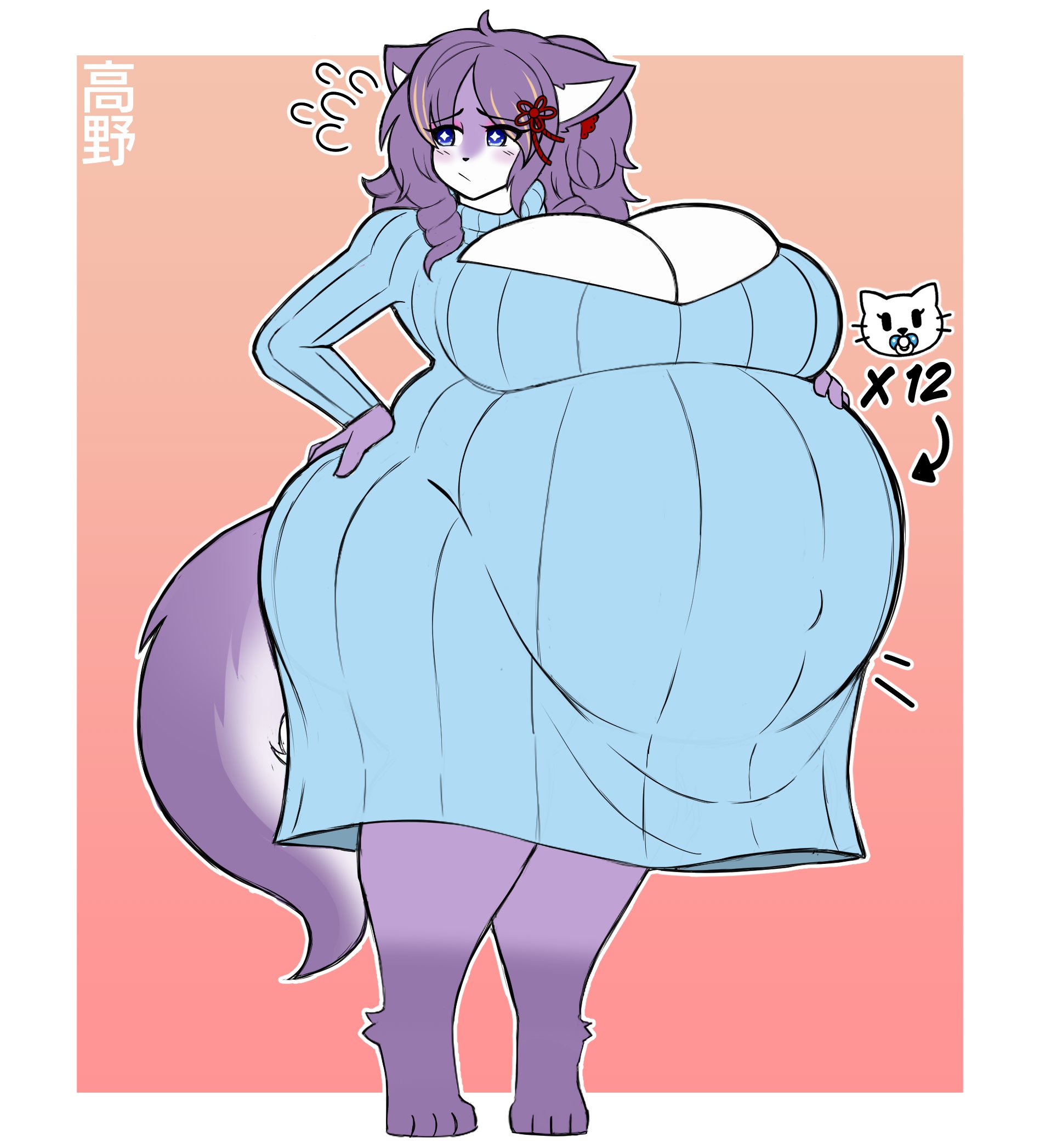 big belly, big breasts, big thighs, commission, dress, hyper belly, large belly, large breasts, large thighs, massive belly, maternity clothes, maternity dress, original character, pregnant, pregnant belly, pregnant female, sweater, sweater dress, takano (artist), thick thighs