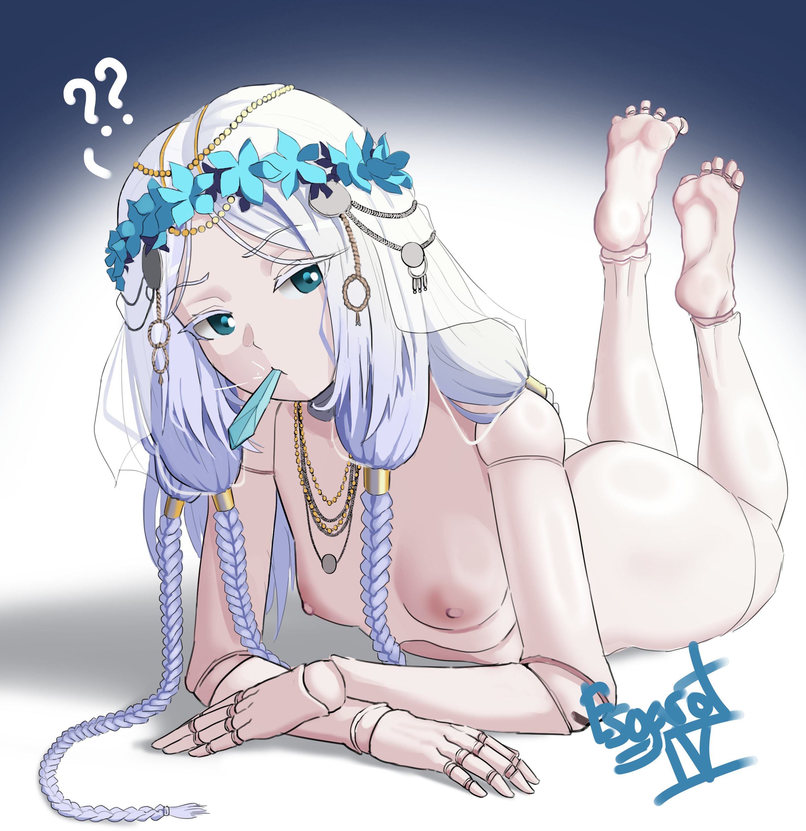 1girls, ass, barefoot, blue eyes, butt, doll, doll girl, doll joints, elden ring, elden ring nightreign, esgarot, esgarot iv, feet, feet up, female, female focus, flexible toes, flower crown, fromsoftware, nipples, pale skin, pale-skinned female, petite, petite body, petite female, revenant (nightreign), small breasts, soles, spread toes, the pose, toes, toes spread, white hair