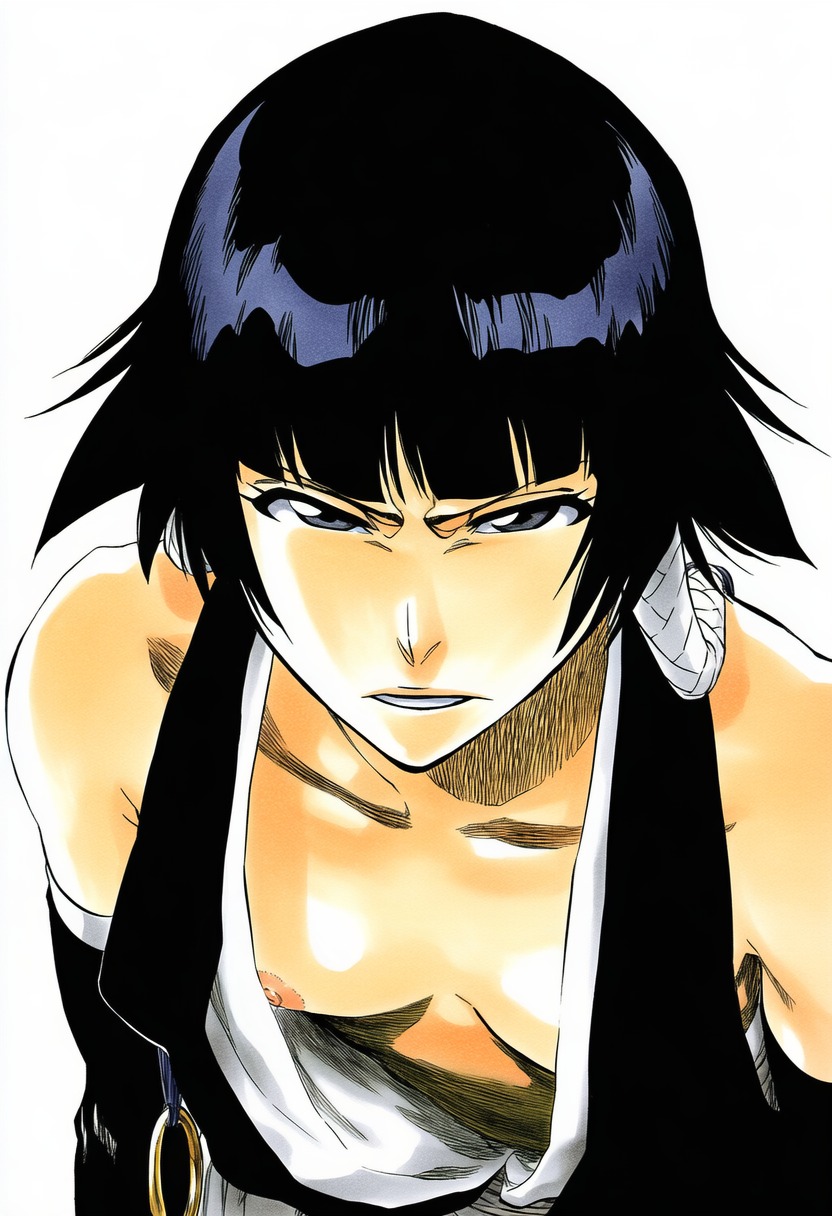 1girls, accurate art style, accurate body type, ai generated, angry, areola, areolae, bare shoulders, black hair, bleach, blunt bangs, breasts, clothing, collarbone, detached sleeves, digital art, digital media, downblouse, elbow gloves, fanart, female, female focus, female only, glaring, grey eyes, hair tubes, high resolution, highres, japanese clothes, leaning forward, light skin, light-skinned female, looking at viewer, manga style, nipple, nipple slip, no bra, open clothes, parted lips, pink areola, pink nipples, sarashi, shiny skin, short hair, short hair with long locks, simple background, slender, small breasts, soifon, solo, solo female, solo focus, standing, sui-feng, tite kubo style, upper body, white background, ㅇㅇ