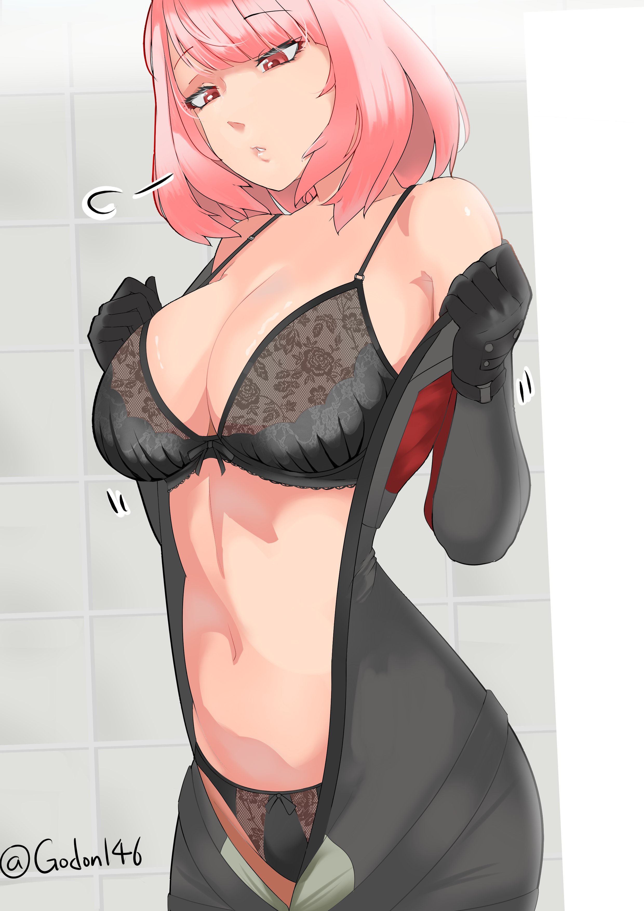 1girls, big breasts, black bra, black panties, bodysuit, bra, breasts, cleavage, close-up, clothing, commander (girls' frontline), feet out of frame, female, female commander (girls' frontline), female only, girls' frontline, girls' frontline 2: exilium, gloves, godon146, large breasts, legs together, matching underwear, panties, pink hair, red eyes, short hair, undressing