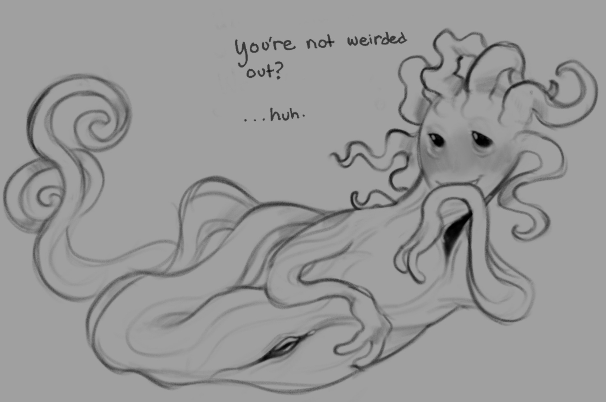 1girls, blush, doppelbangers, echinoderm, female, flat chest, look outside, marine, monster, monster girl, non-human, pussy, solo, summer (look outside), teratophilia, uncolored