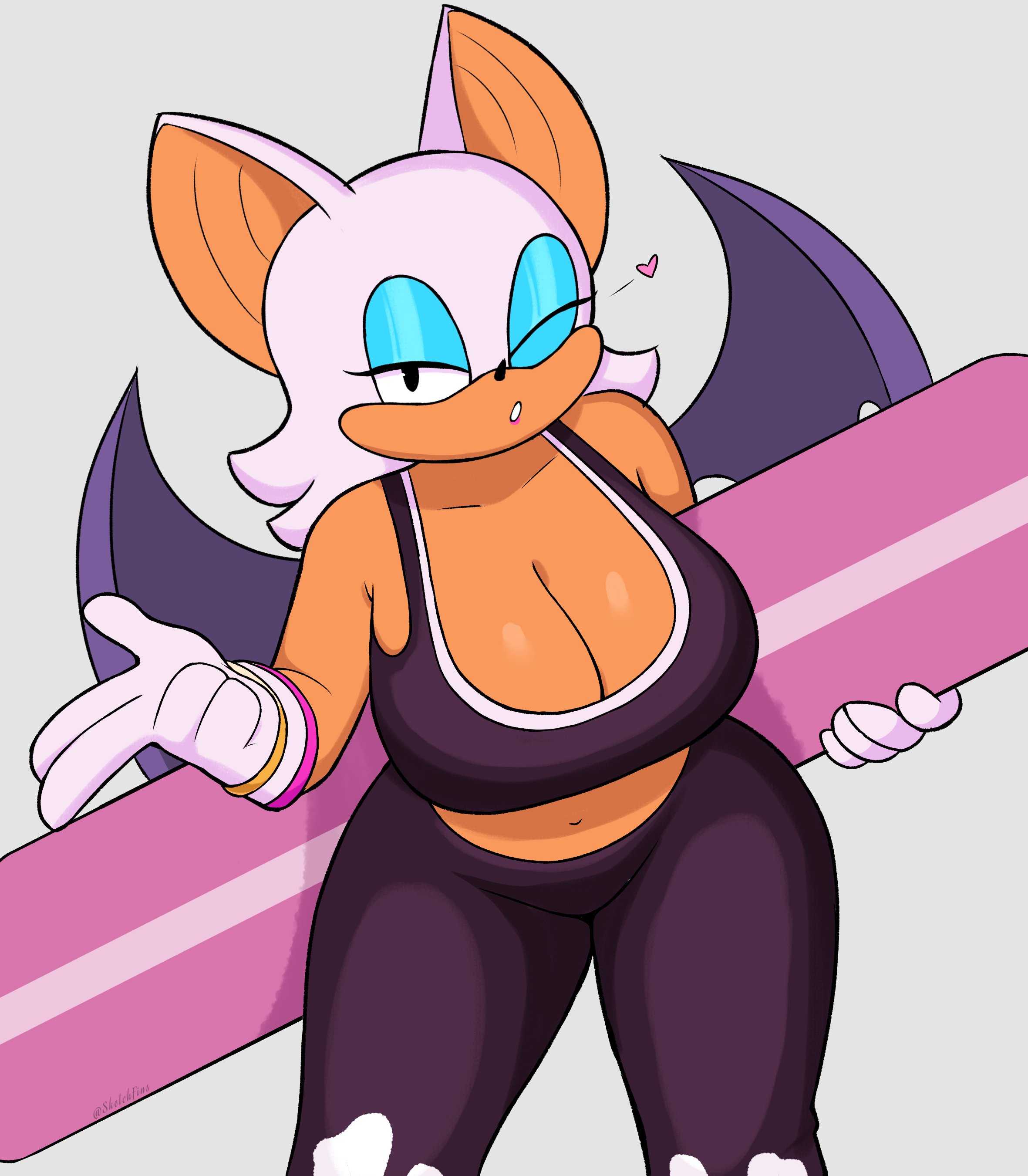 1girls, barely contained, barely contained breasts, barely fits, big breasts, blowing kiss, boob window, breasts, breasts too big, bursting breasts, busty, chubby, cleavage, curvy, ear, heart, imminent wardrobe malfunction, large breasts, legs, midriff, navel, rouge the bat, rouge the bat (riders), sega, sketchfins, sonic (series), sonic racing crossworlds, sonic riders, sonic the hedgehog (series), surfboard, tagme, tank top, thighs, tight fit, undersized clothes, undersized clothing, wings, wink, winking at viewer