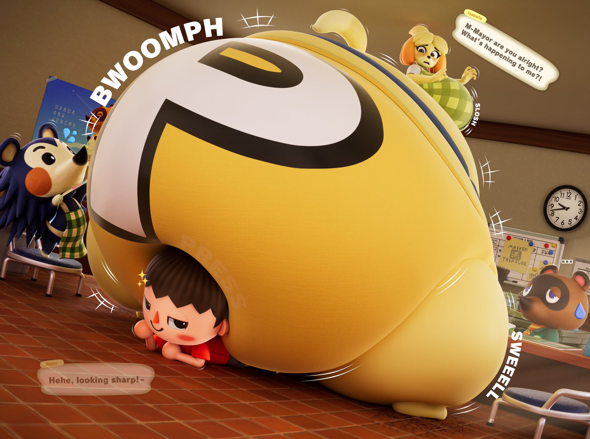 1girls, 3d, 3d (artwork), animal crossing, anthro, ass expansion, bottom heavy, canid, canine, canis, clothed, domestic dog, female, hedgehog, huge ass, hyper, hyper ass, isabelle (animal crossing), mabel able, maskedtreasure, monobutt, onomatopoeia, p-balloon, panties, text, tom nook, villager (animal crossing)