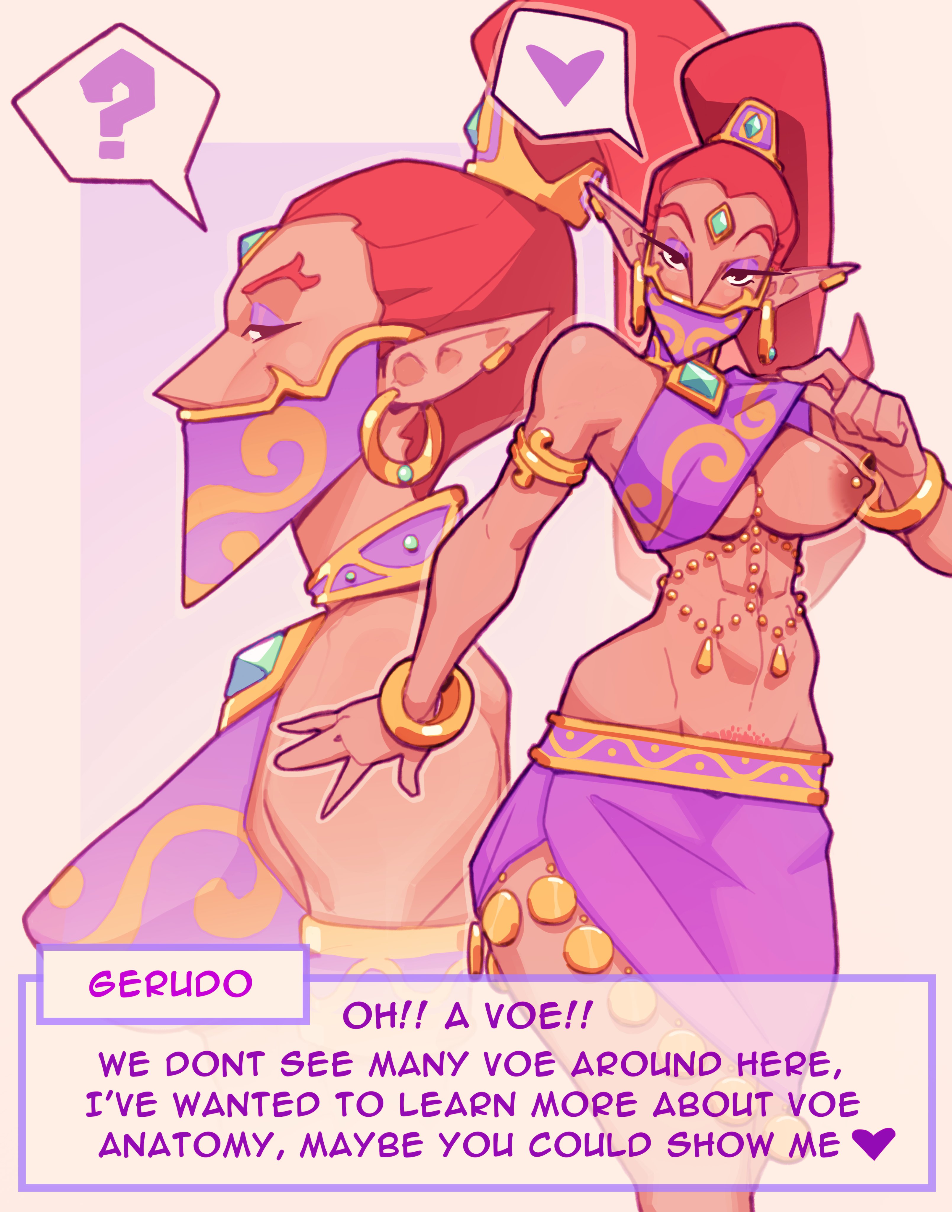 1girls, abs, armlet, bare shoulders, bracelet, dark-skinned female, earrings, eyelashes, forehead jewel, gerudo, hair pulled back, hoop earrings, jewelry, long eyelashes, medium breasts, mouth veil, nipple piercing, pointy ears, pointy nose, pubic hair peek, purple eyeshadow, red hair, skirt, the legend of zelda, toned, toned female, top lift, venomous viper, viper1390