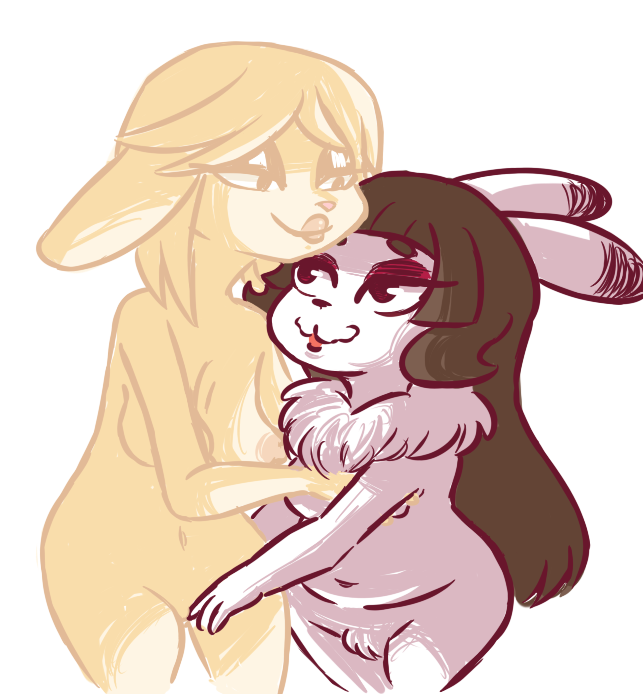 2017 :3 anthro barely_visible_genitalia breasts dewlap duo ellen_(inkyfrog) female grope inkyfrog lagomorph lipstick makeup mammal nipples nude pussy quinn_(inkyfrog) rabbit simple_background slightly_chubby smile subtle_pussy white_background yuri