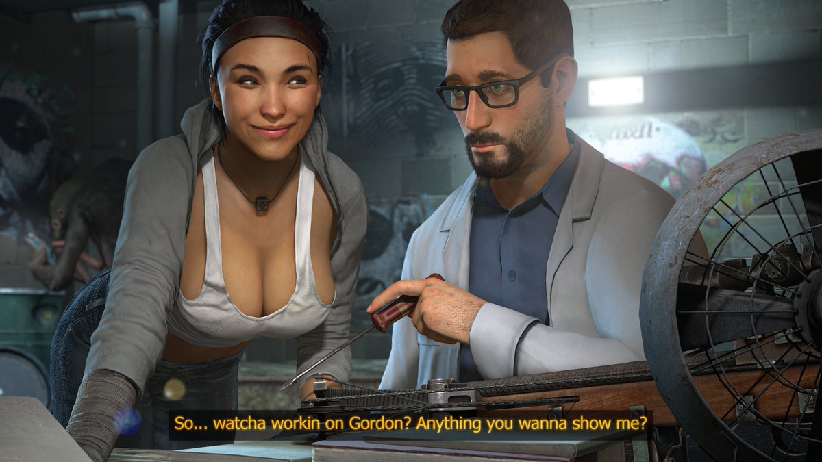 1boy, 1boy1girl, 1girls, 3d, 3d (artwork), alyx vance, alyx vance (half-life:alyx), before sex, bolt on tits, breast implants, dialogue, enhanced breasts, fake breasts, gordon freeman, half-life (series), half-life 2, silicone, silicone implants, valve, valve (company), valve corporation, winterssfm