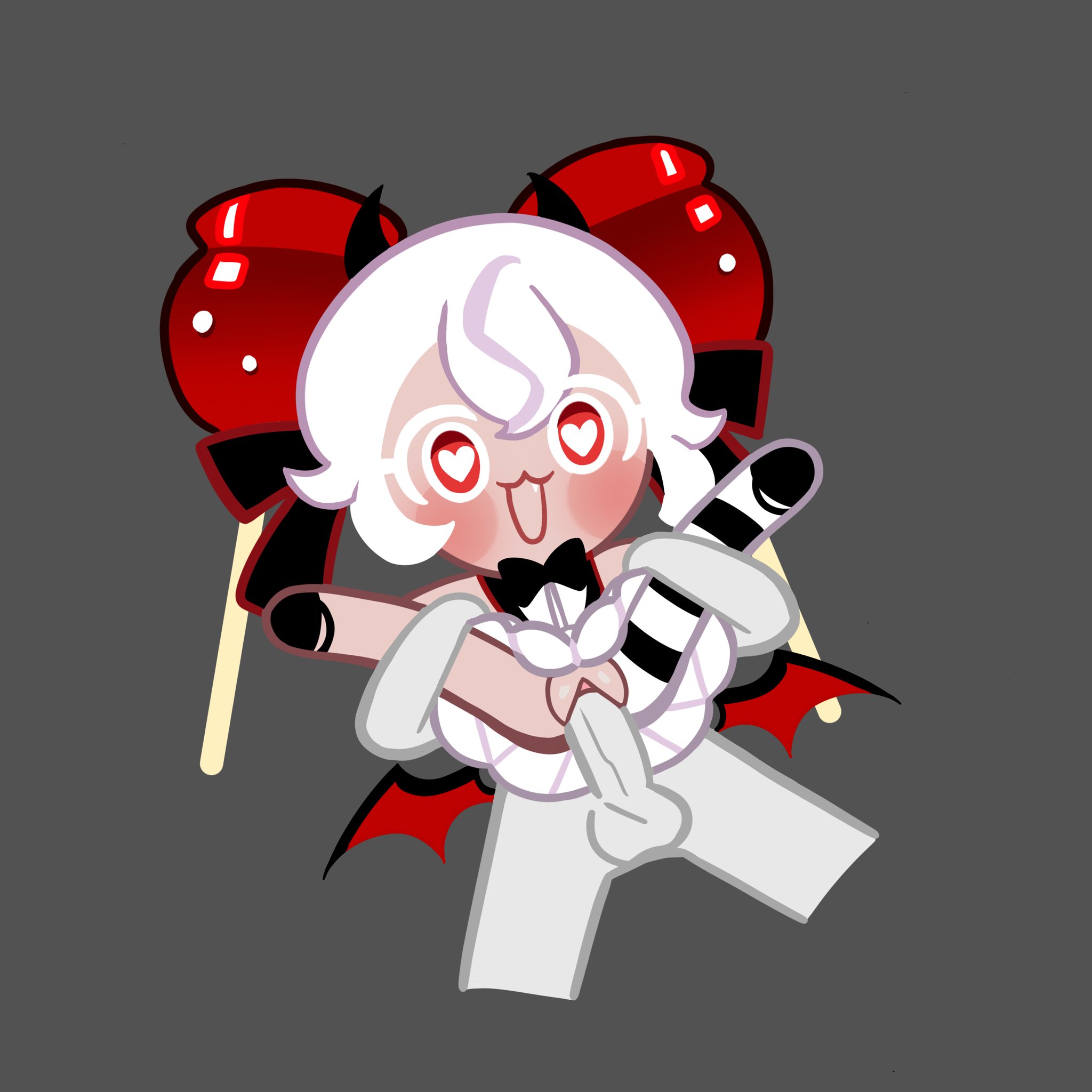 1boy, 1girls, accurate art style, anonymous male, black bowtie, blush, blushing, candy apple cookie, chibi, cock, cock in pussy, cookie run, cookie run kingdom, cookie run witch's castle, devil horns, devil wings, dick, dick in vagina, fang, female, full nelson, gray skin, heart-shaped pupils, legs apart, legs up, open mouth, penetration, penis, penis in pussy, pussy, self upload, sex, shoes, shoes on, short hair, skirt up, small wings, straight sex, striped socks, tagme, unepicroachy, vagina, vaginal penetration, vaginal sex, white hair