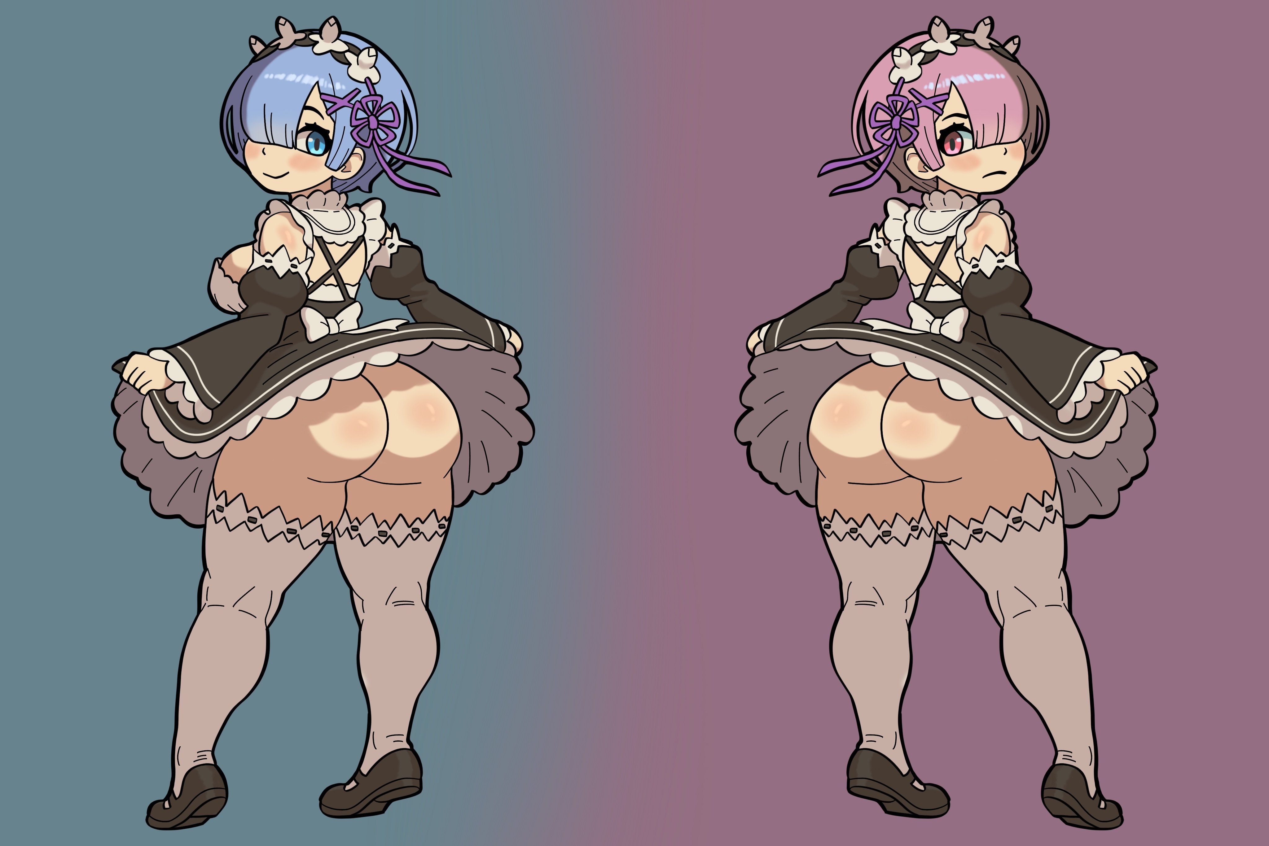 ai assisted, blue eyes, blue hair, dress, dress lift, going commando, looking back, maid, maid headdress, maid uniform, no panties, purple eyes, purple hair, ram (re:zero), re:zero kara hajimeru isekai seikatsu, rem (re:zero), shoes, short hair, smile, swisschocoart, thighhighs