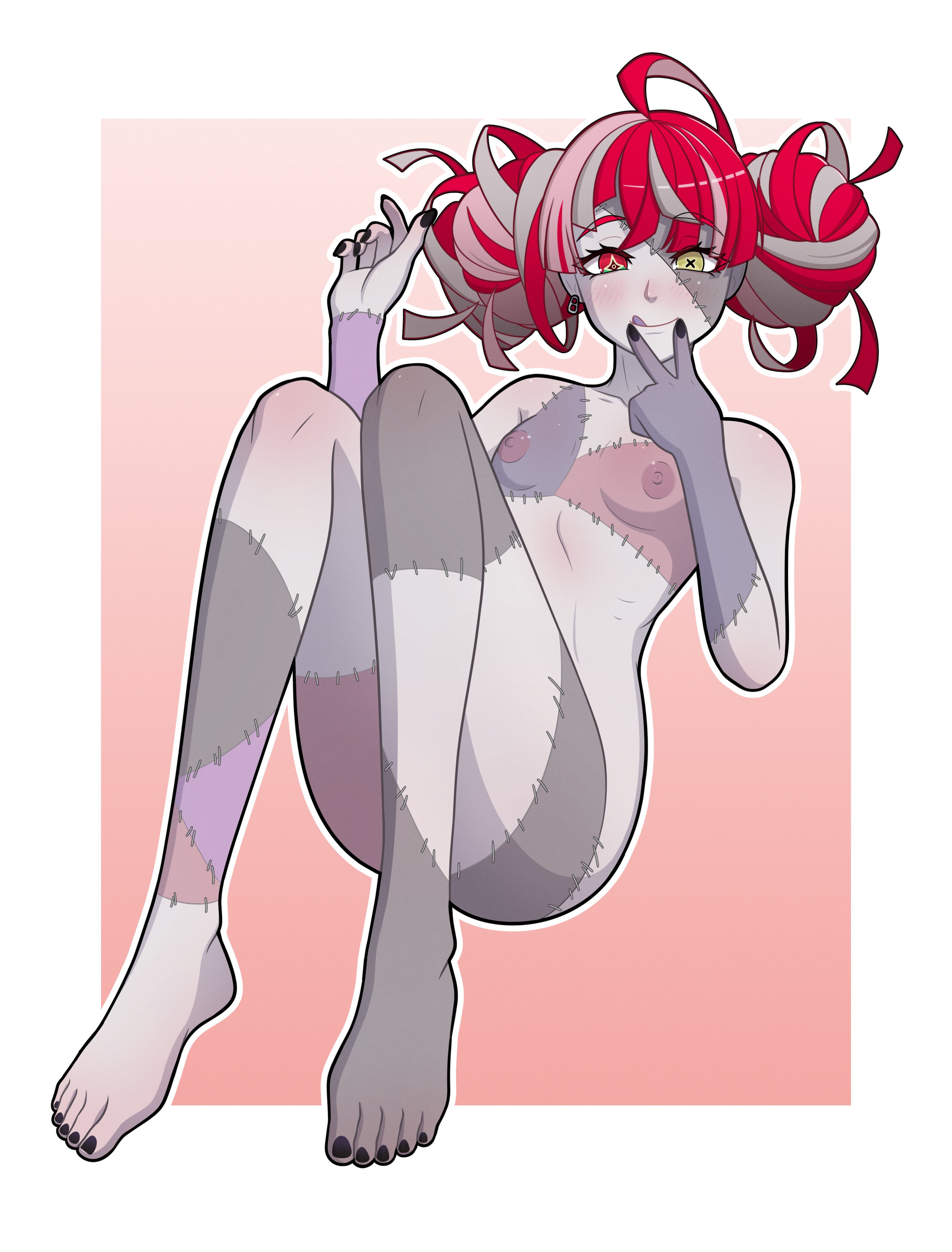 1girls, barefoot, black nails, black toenails, breasts, feet, female, female only, grey skin, heterochromia, hololive, hololive indonesia, hololive indonesia holoro, kureiji ollie, multicolored hair, naked, nipples, nude, nude female, red hair, small breasts, solo, toes, unholyspicy, virtual youtuber, zombie, zombie girl