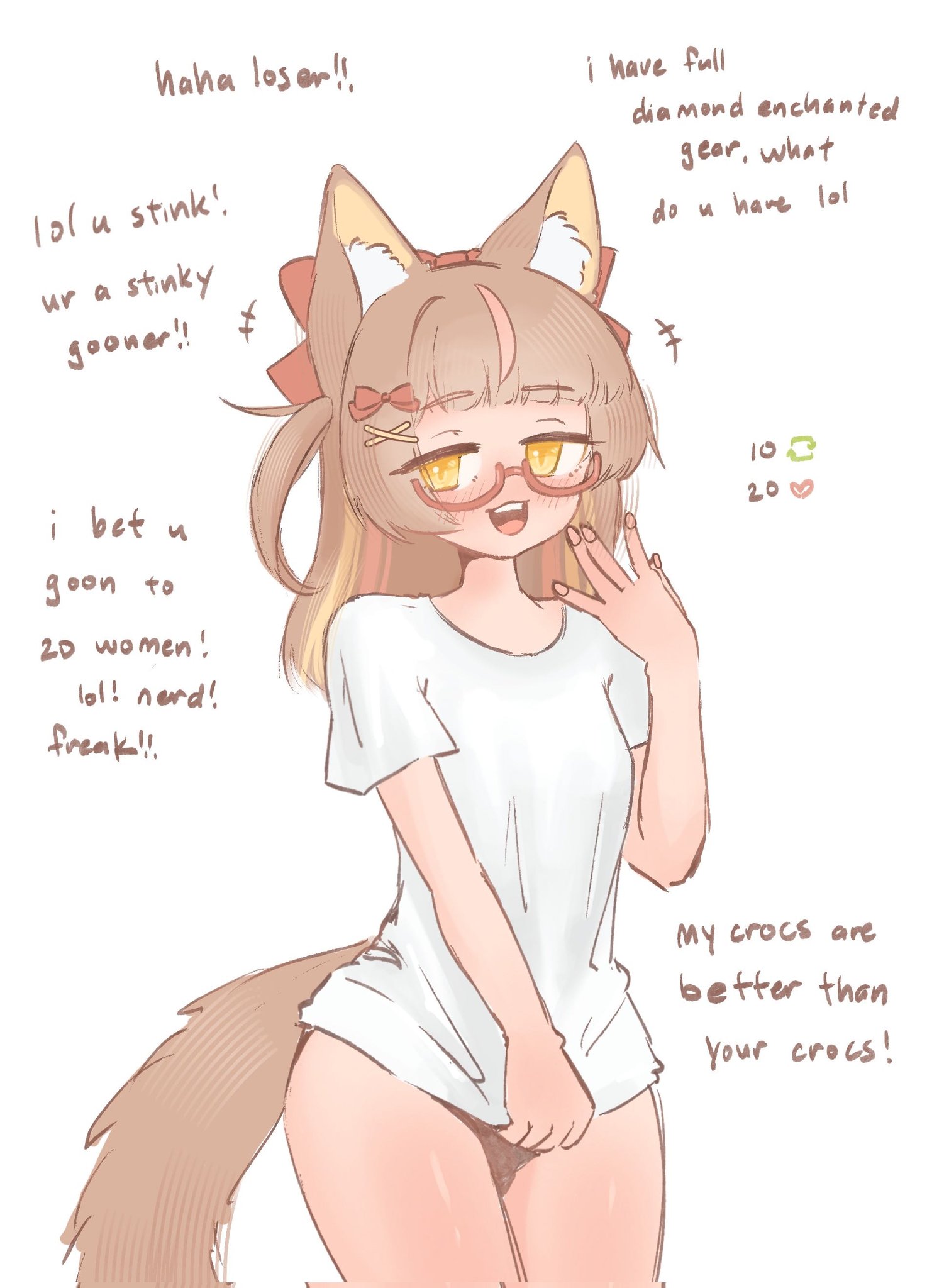 brat, dog ears, dog girl, dog tail, golden eyes, mocking viewer, panties, shirt only, teasing viewer, yunadereva, yunadereva (character)