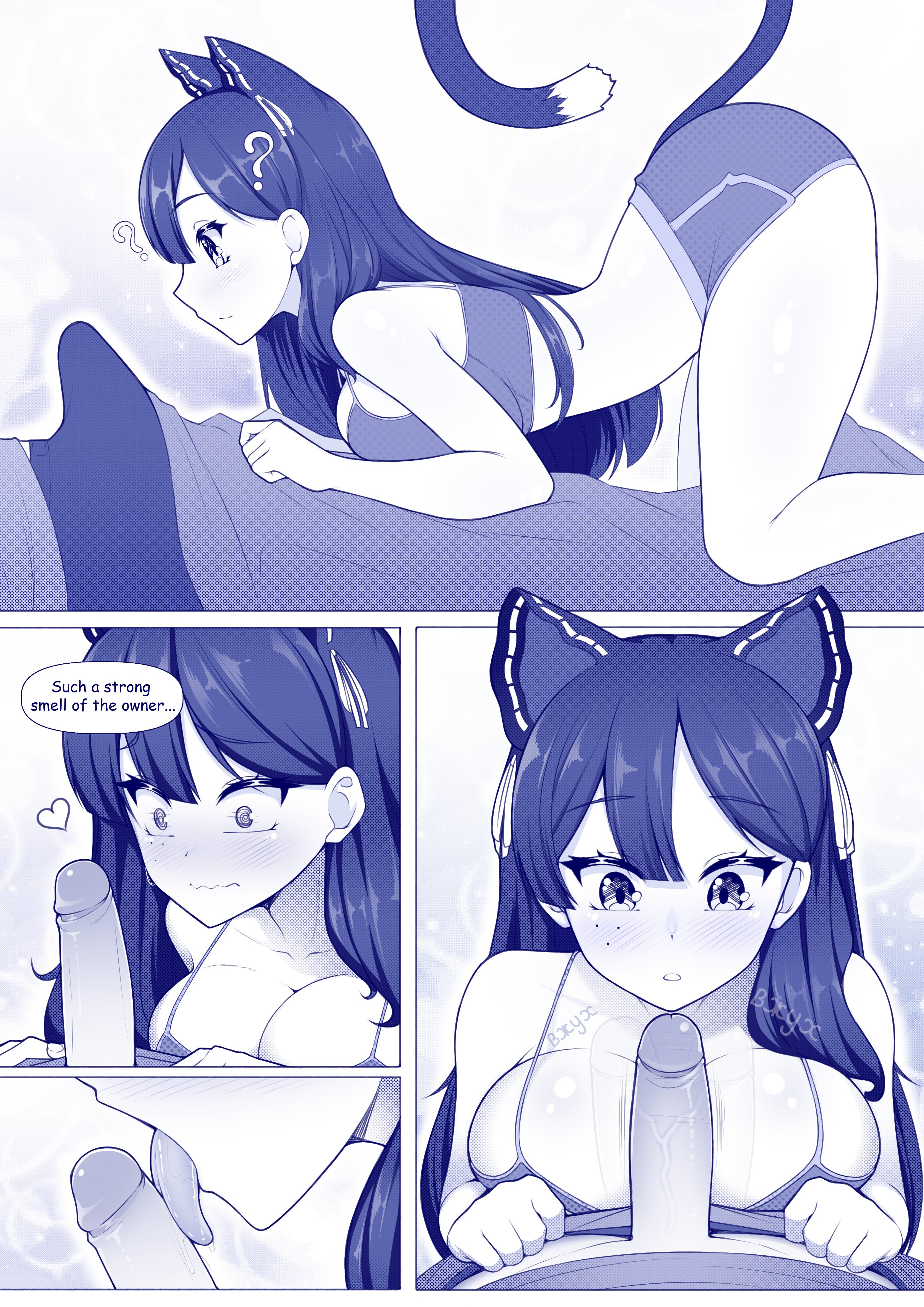 ?, 1boy, 1boy1girl, 1girls, big breasts, blue hair, blush, bra, breasts, breasts press, cat ears, cat tail, catgirl, covered breasts, embarrassed, embarrassed female, english text, erect penis, erection, erection under clothes, fellatio, hervi, hi res, large breasts, licking, licking penis, long hair, looking at penis, lying on person, manga, manga page, manga style, mole under eye, monochrome, oral, oral sex, panties, penis, pulling down pants, russian vtuber, ruvtuber, snezha, thick thighs, thighs, virtual youtuber, vtuber