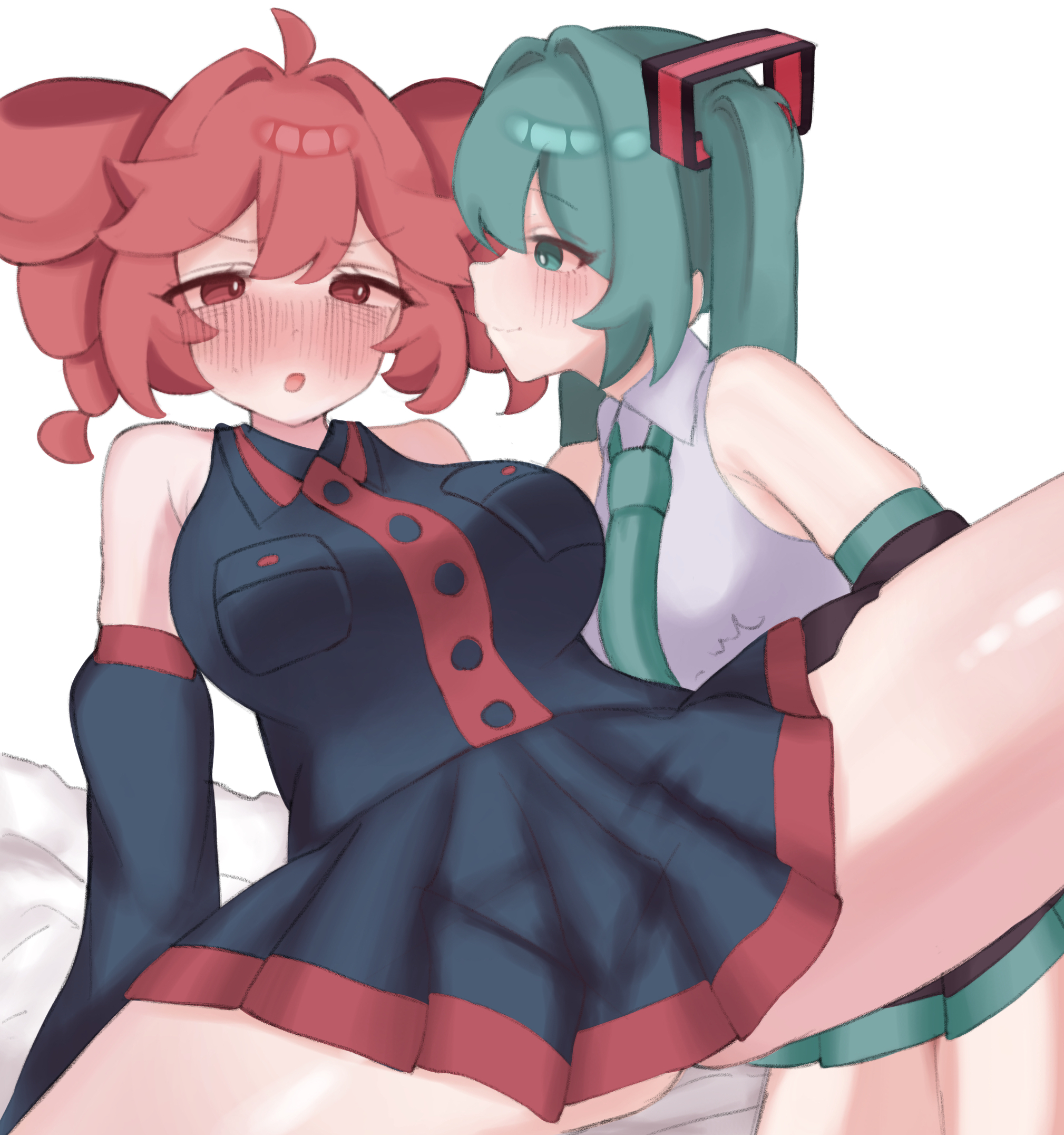 2girls, ahoge, aqua eyes, aqua necktie, bare shoulders, black skirt, black sleeves, blush, blushing female, breasts, clothed, clothing, crossover, detached sleeves, drill hair, embarrassed, embarrassed female, female, female focus, female only, hair ornament, hatsune miku, kasane teto, large breasts, legs apart, long hair, mikuteto, multiple girls, necktie, open mouth, plain, plain background, pleated skirt, red eyes, red hair, shirt, simple background, skirt, sleeveless, sleeveless shirt, smile, spread legs, twin drills, twintails, ur (ur o ), utau, vocaloid, white background, white bed sheet, yuri